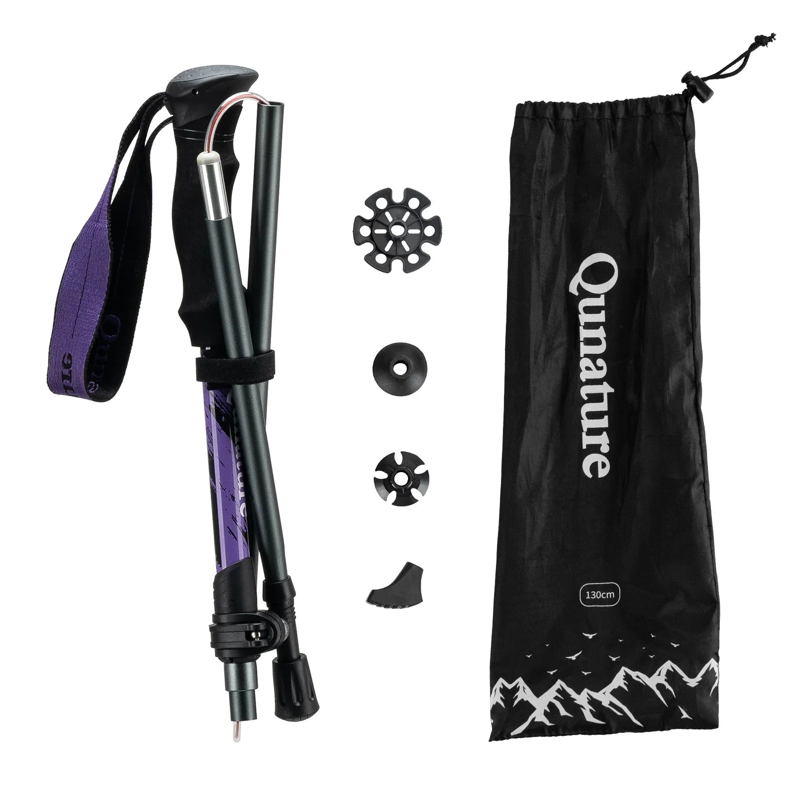 Qunature Global foldable lightweight aluminum trekking pole with adjustable height and ergonomic grip for hiking.
