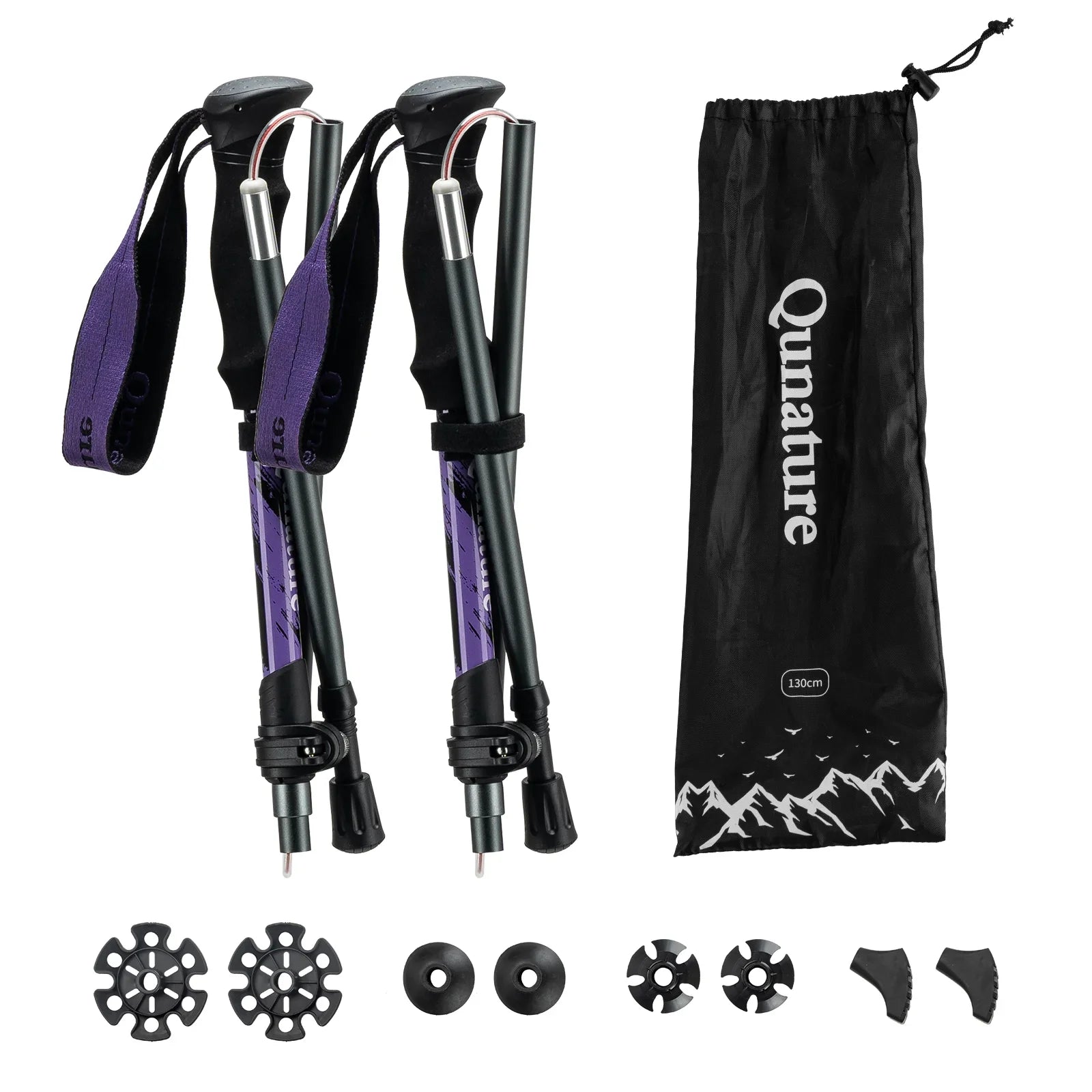 Qunature Global foldable lightweight aluminum trekking pole with adjustable height and ergonomic grip for hiking and outdoor trekking.