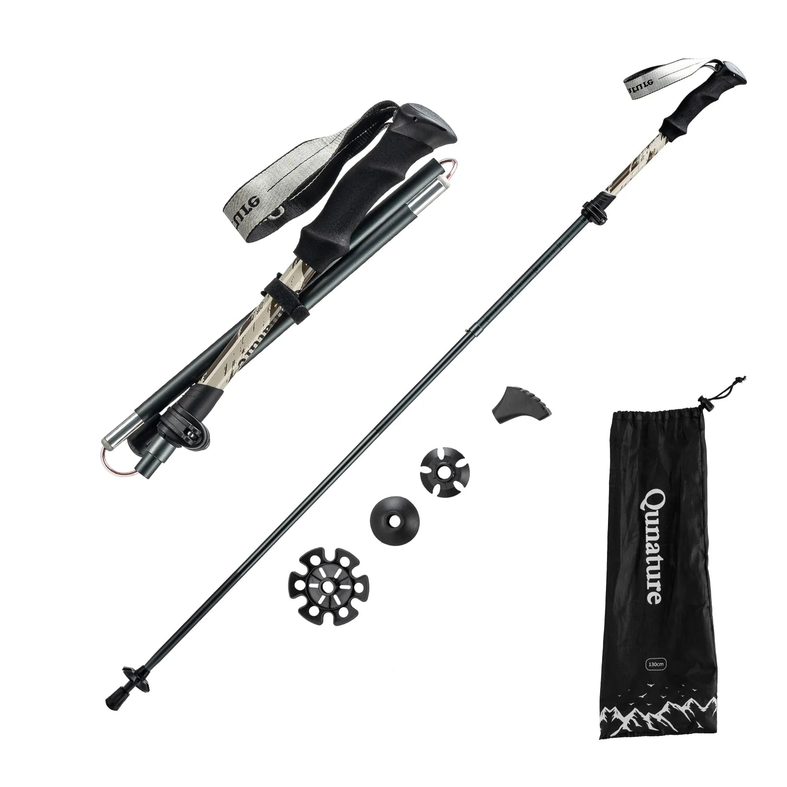 Foldable lightweight aluminum trekking pole with adjustable height and grip, designed for hiking by Qunature Global.