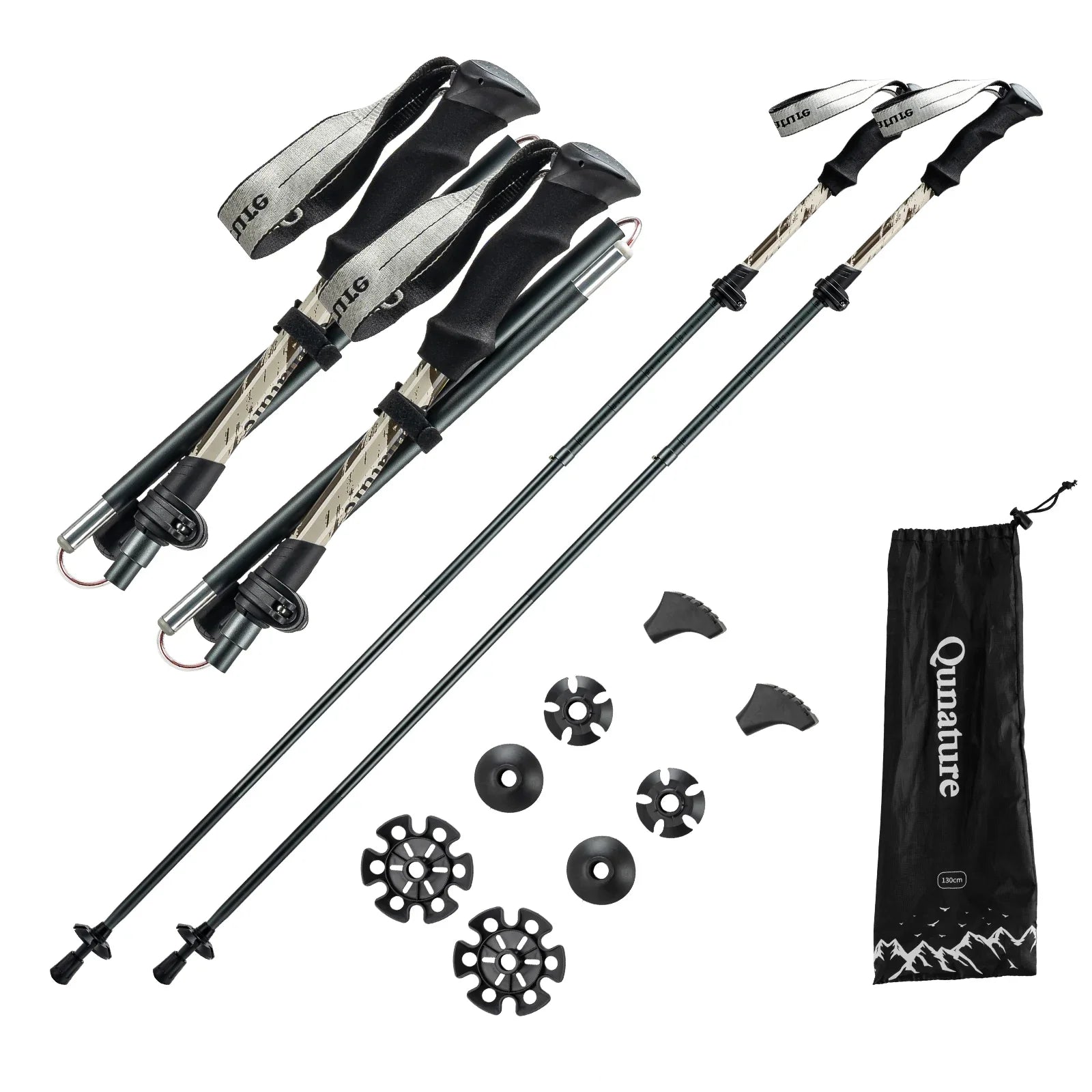 Qunature Global foldable lightweight aluminum trekking pole with adjustable height and ergonomic grip for hiking and outdoor activities.