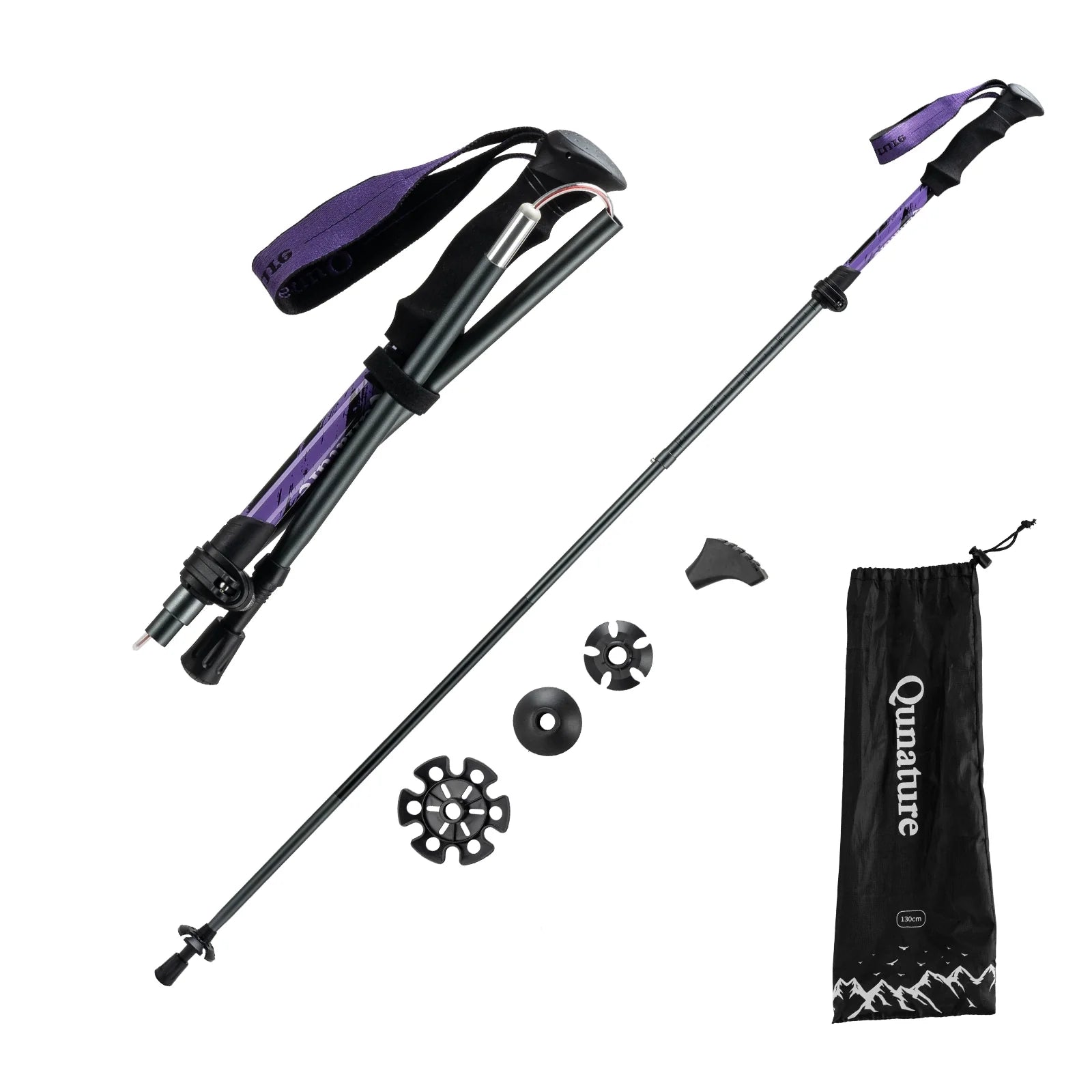 Foldable lightweight aluminum trekking pole with adjustable height and grip, designed for hiking by Qunature Global.