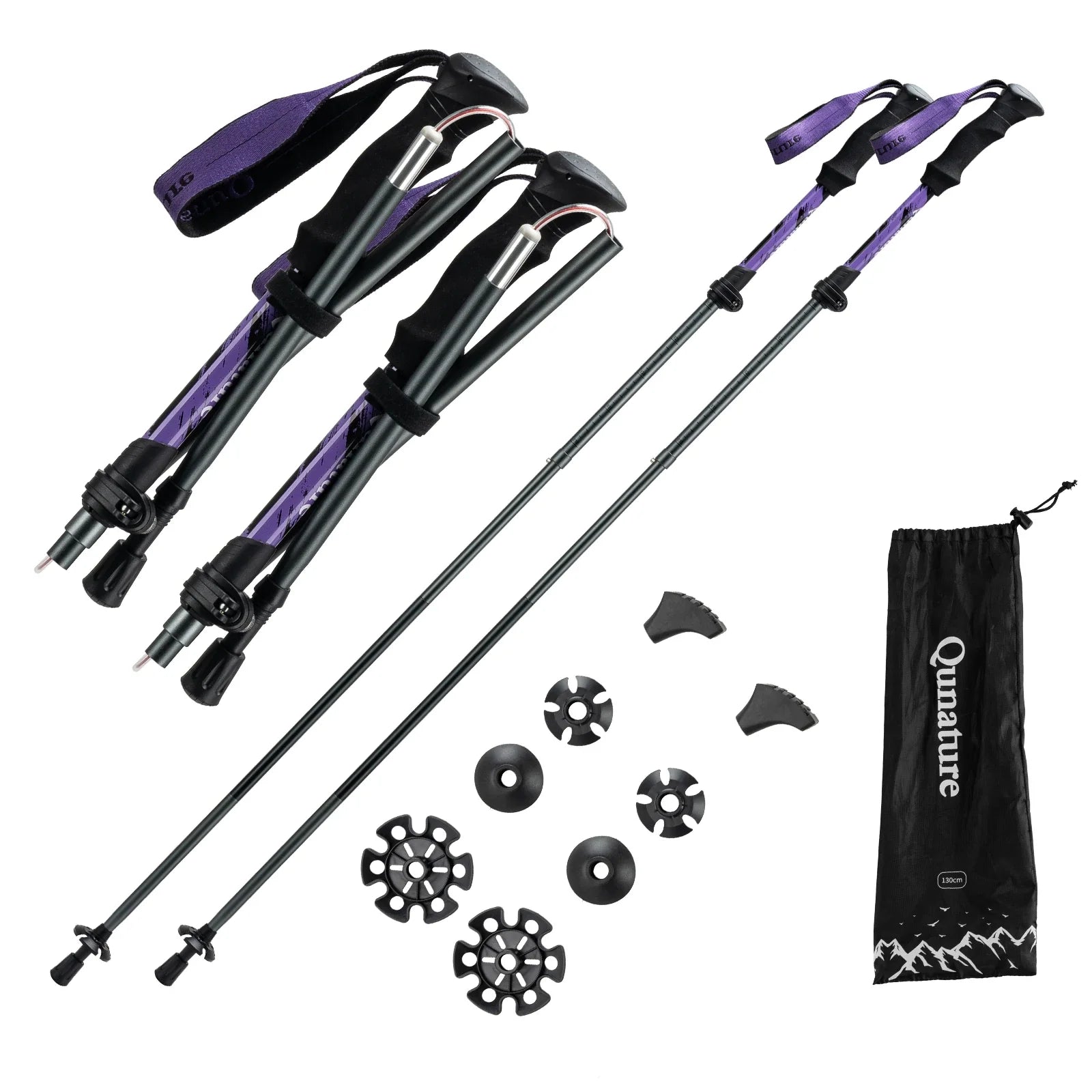 Qunature Global foldable lightweight aluminum trekking pole with adjustable height and ergonomic grip for hiking.