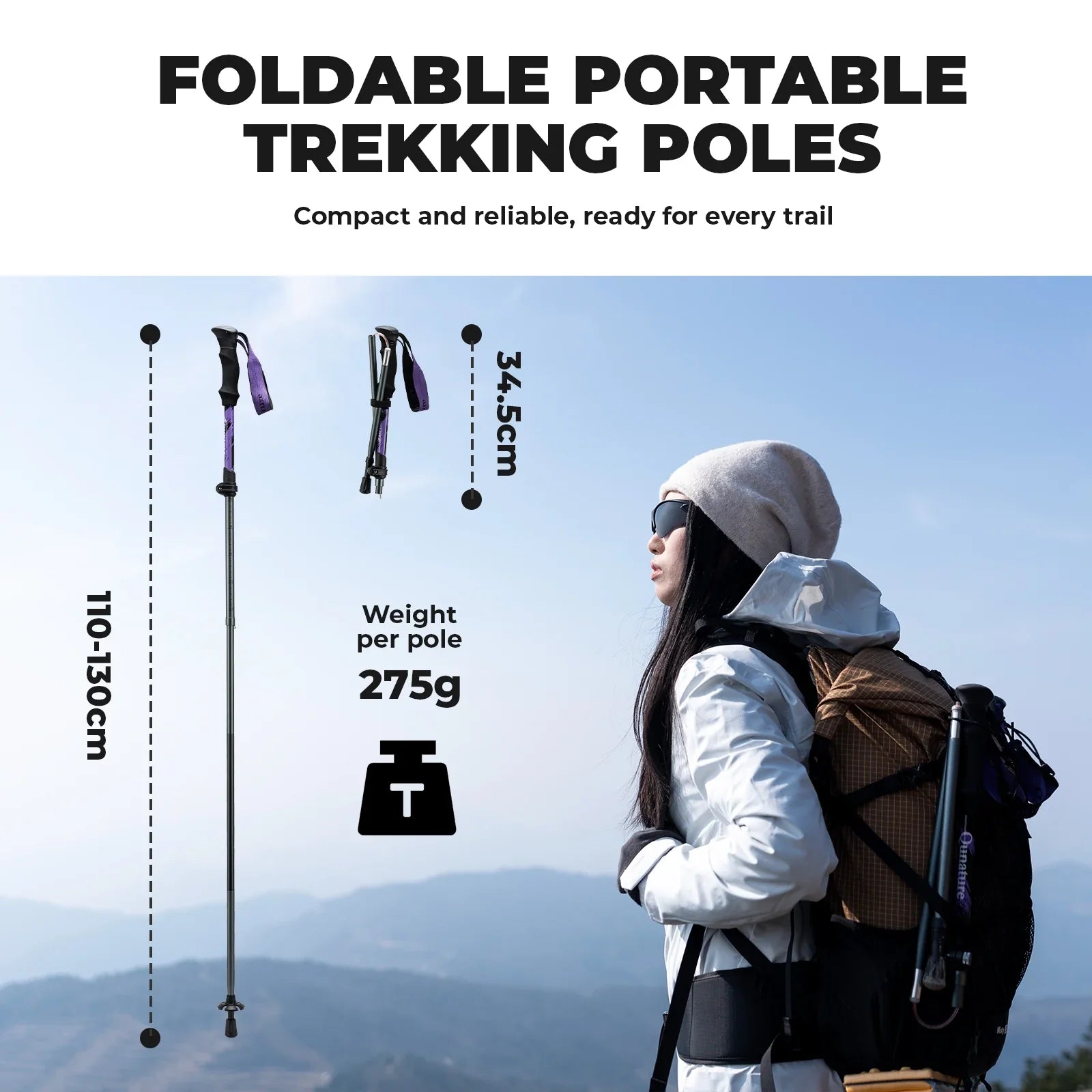 Qunature Global foldable lightweight aluminum trekking pole with adjustable height and ergonomic grip for hiking.