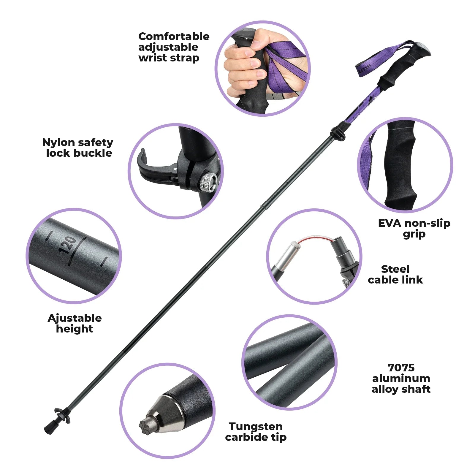 Foldable lightweight aluminum trekking pole with adjustable height and grip by Qunature Global, ideal for hiking and outdoor adventures.