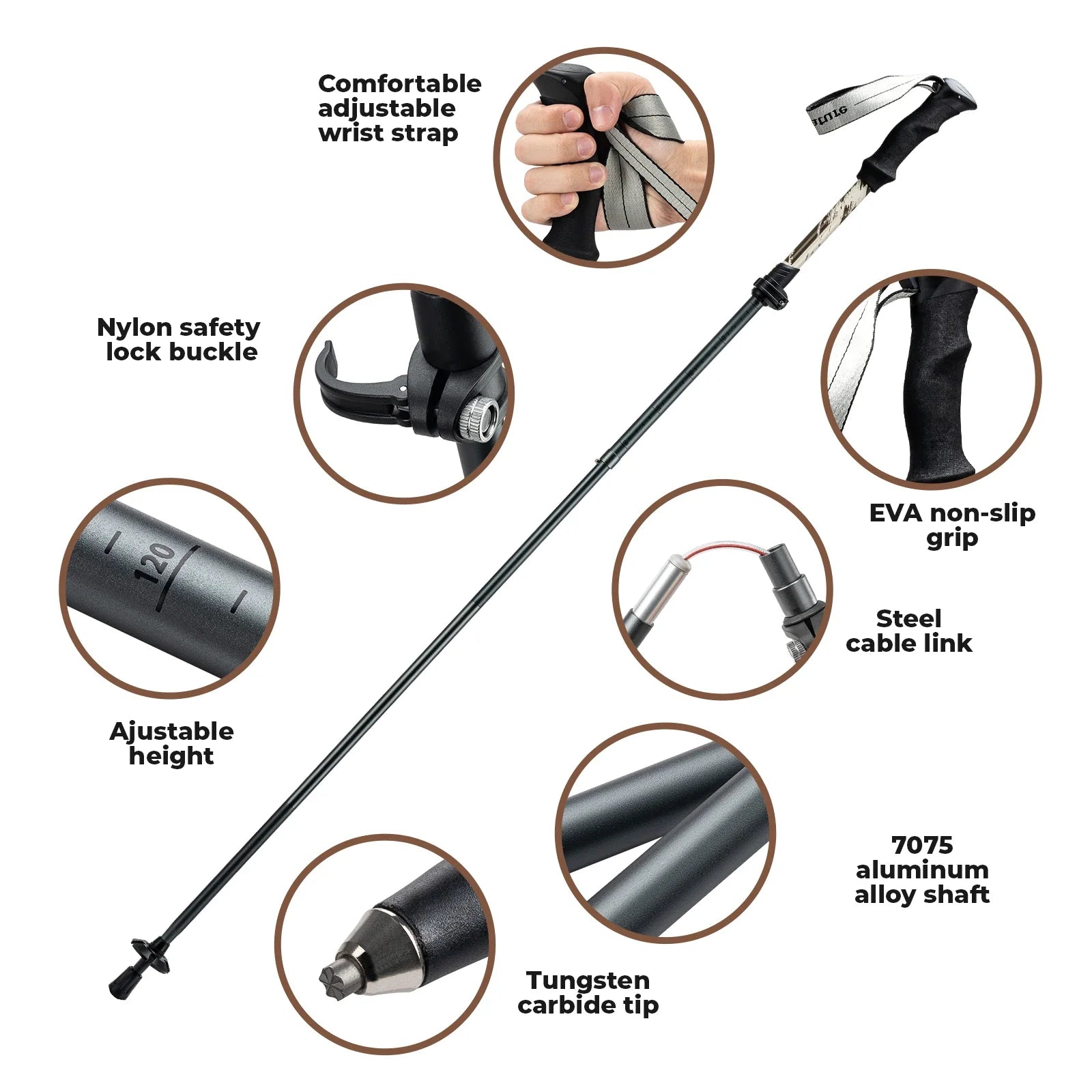 Foldable lightweight aluminum trekking pole with adjustable height and grip, designed for hiking and outdoor adventures by Qunature Global.