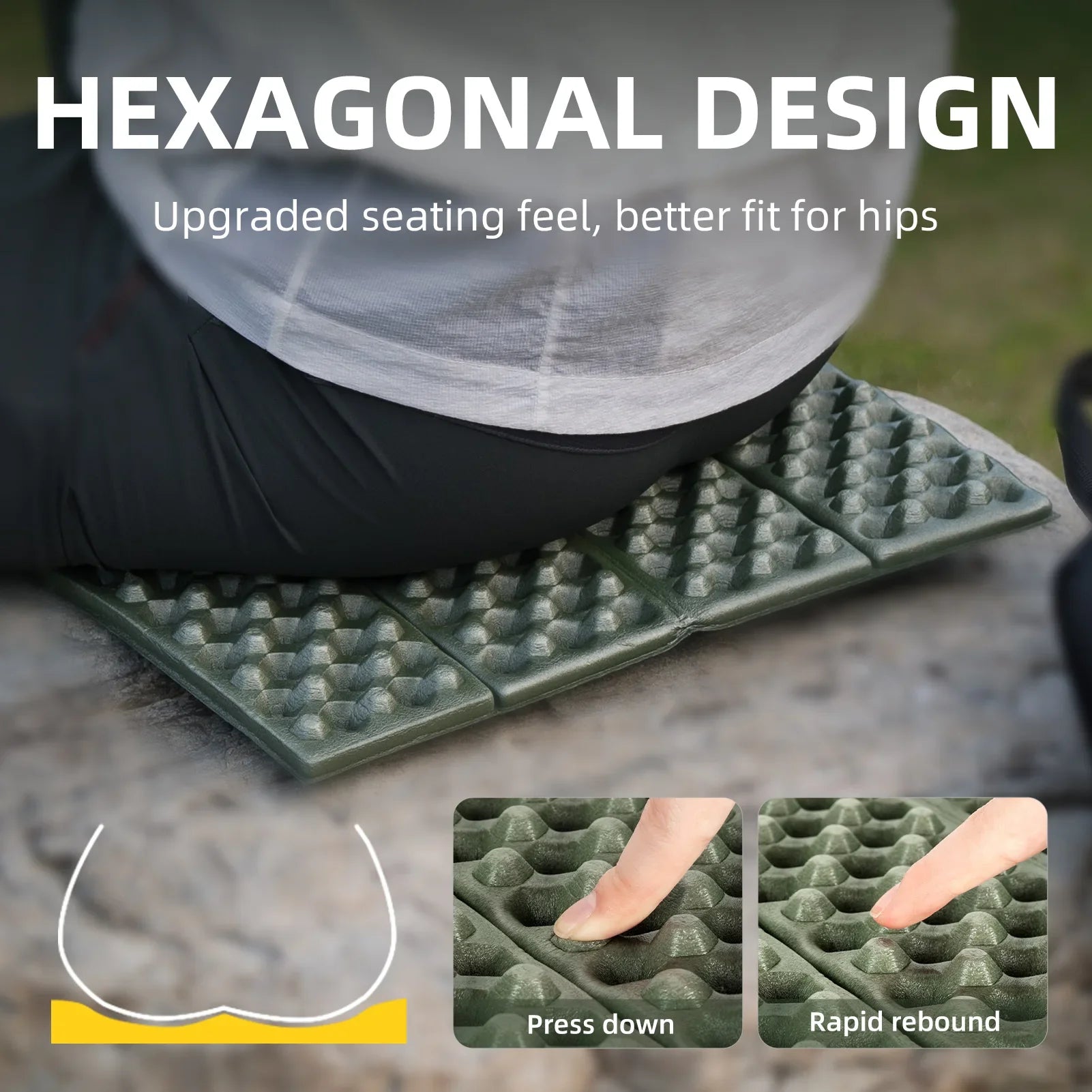 Lightweight Qunature Global folding seat pad mat with foam, perfect for hiking and camping, shown in outdoor setting.
