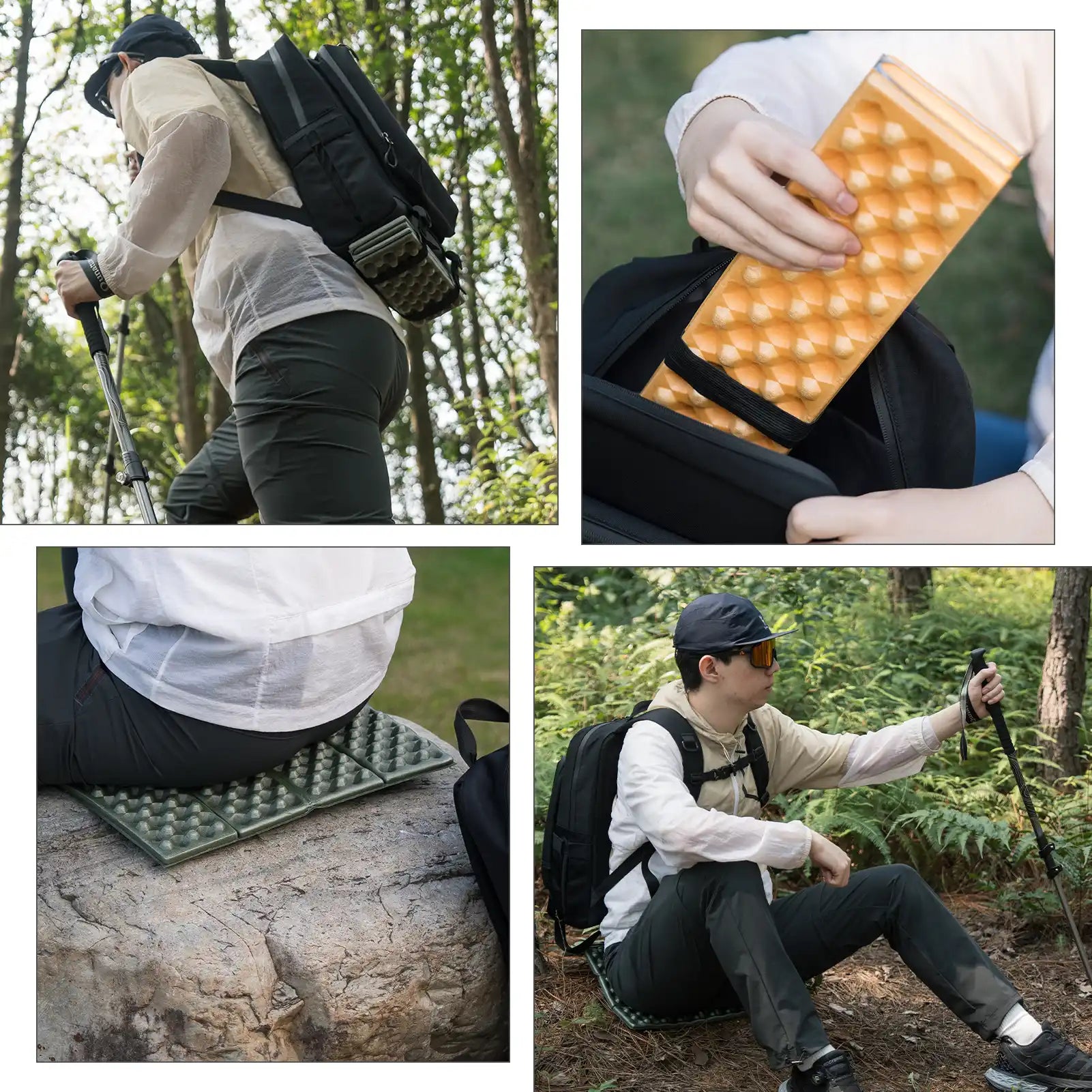 Lightweight Qunature Global folding seat pad mat with foam, ideal for hiking and camping, displayed on a grassy surface.