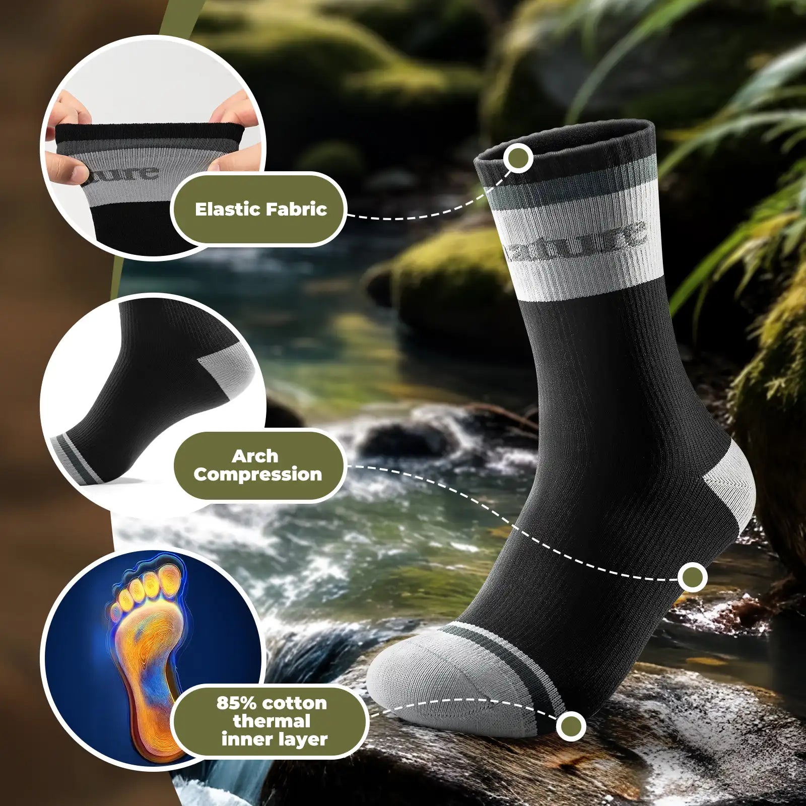 Qunature Global four-season waterproof socks for outdoor sports, breathable and designed to keep feet dry in all weather conditions.