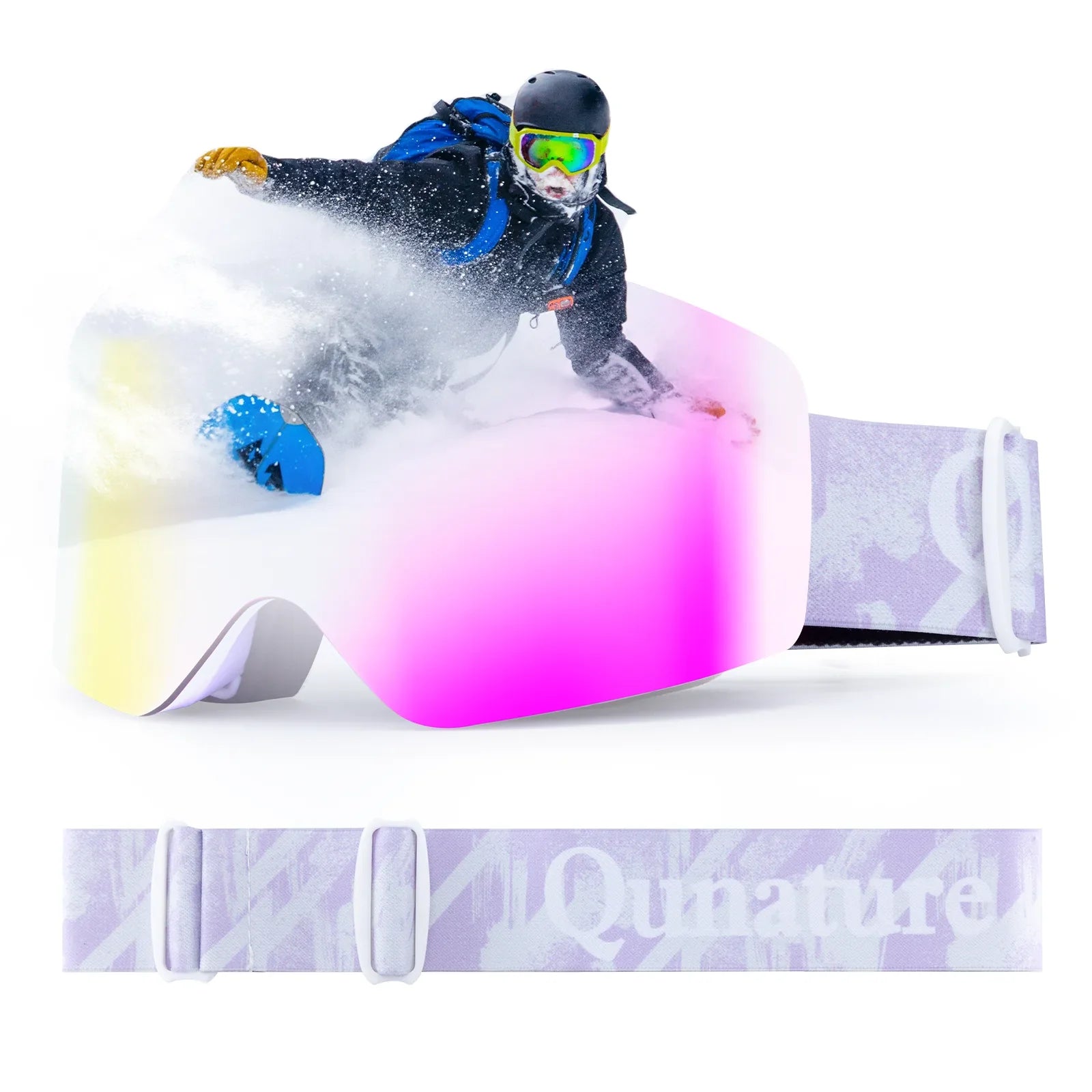 Qunature Global frameless ski goggles with anti-fog lens and UV400 protection, designed for winter sports.