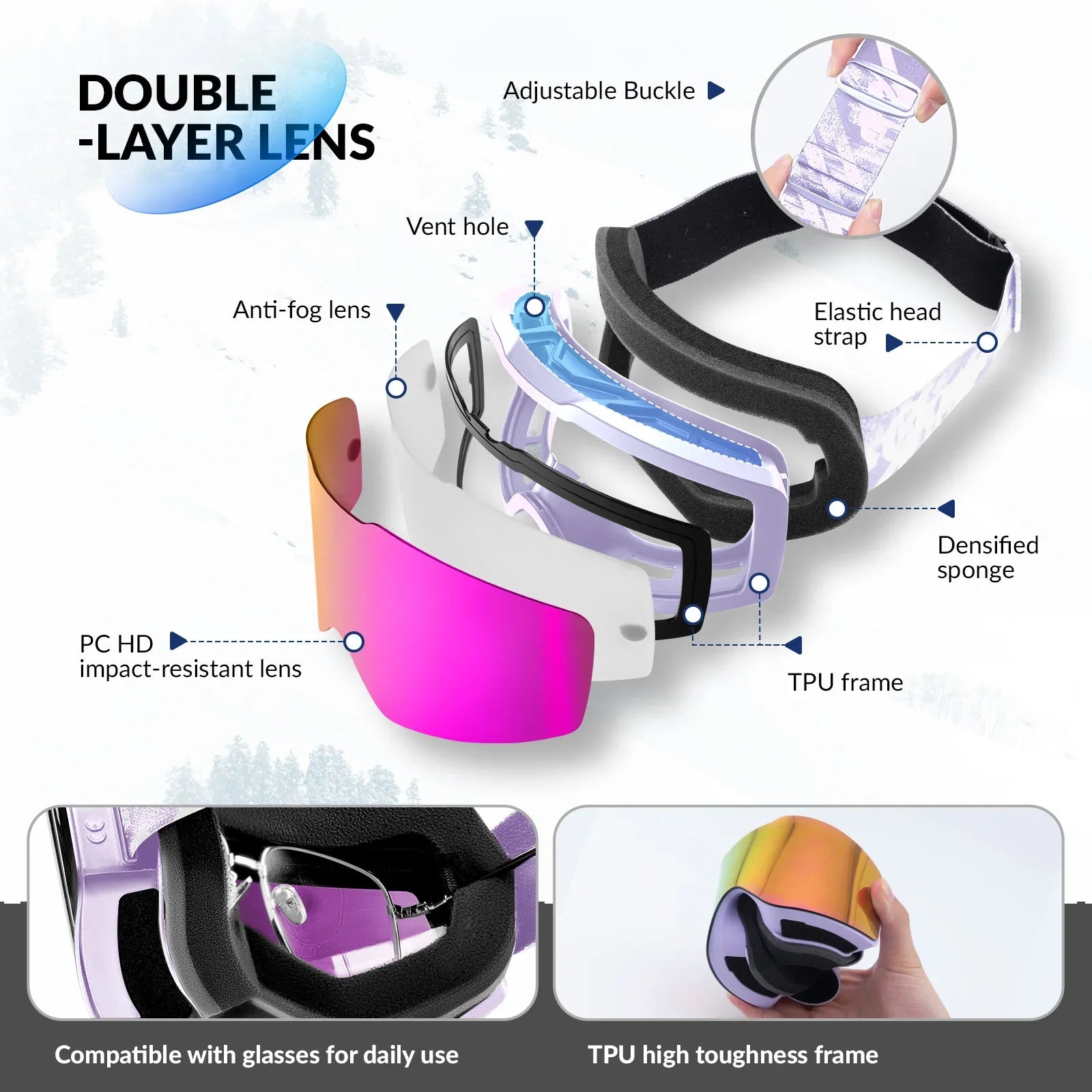 Qunature Global frameless ski goggles with anti-fog lens and UV400 protection for winter sports.