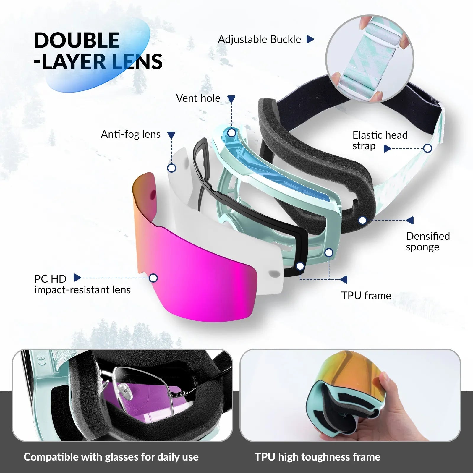 Qunature Global frameless ski goggles with anti-fog coating and UV400 protection, designed for winter sports and clear vision.
