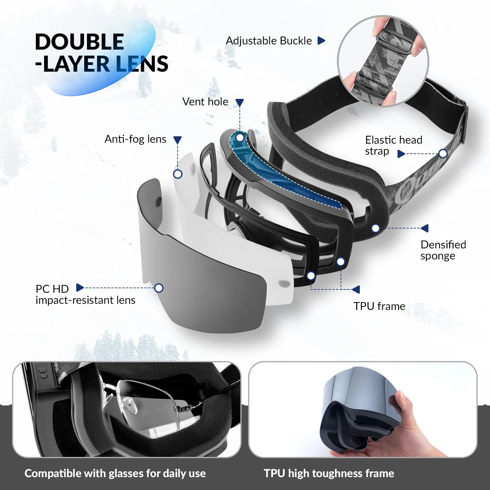 Qunature Global frameless anti-fog ski goggle with UV400 protection and clear panoramic lens for winter sports.