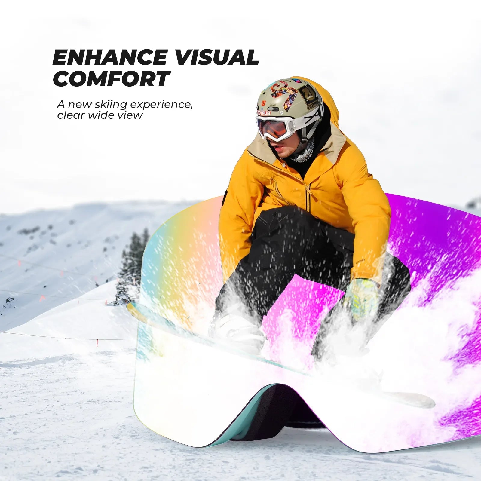 Qunature Global frameless ski goggles with anti-fog lens and UV400 protection, designed for clear winter skiing visibility.