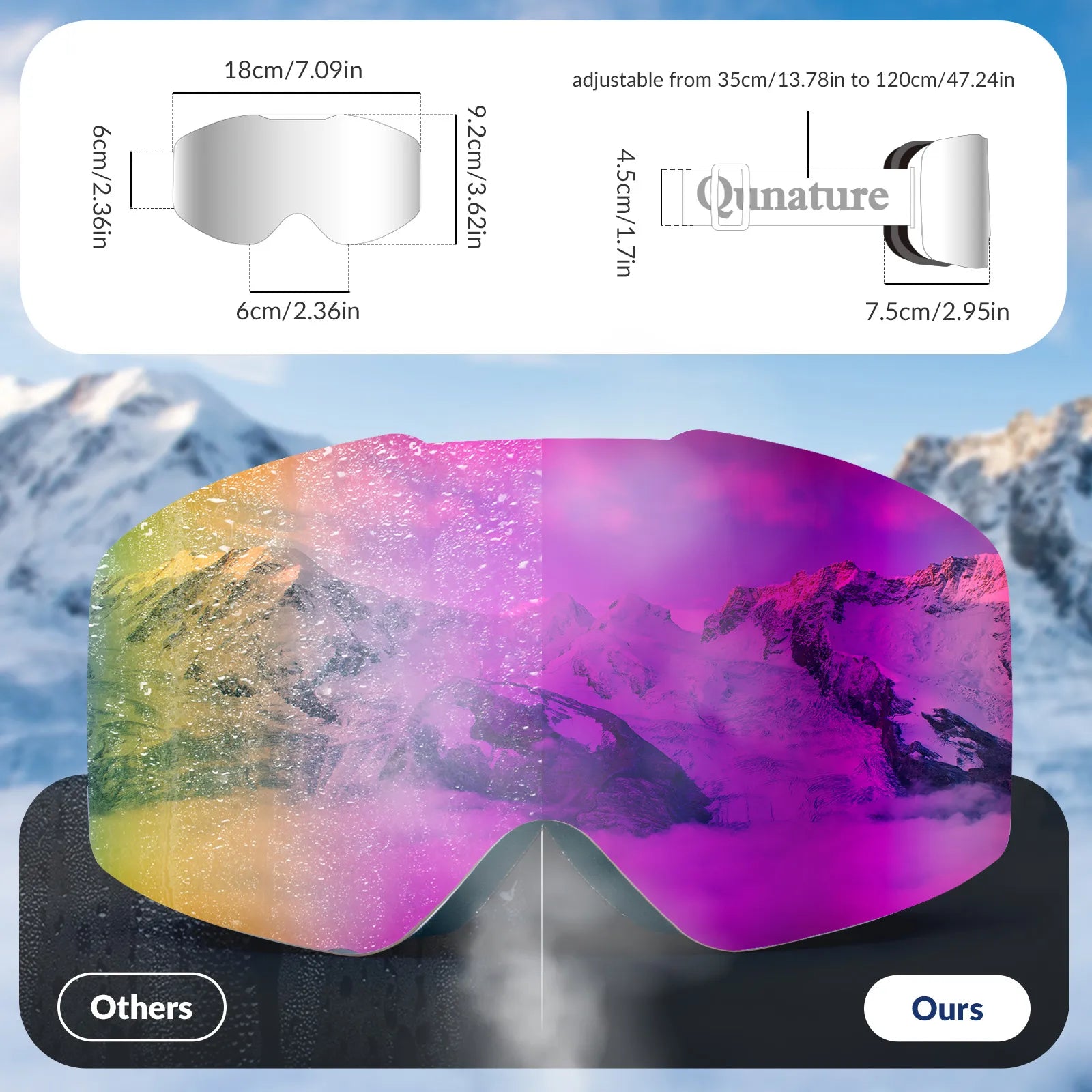 Qunature Global frameless anti-fog ski goggles with UV400 protection, featuring clear lenses and a secure strap for winter sports.