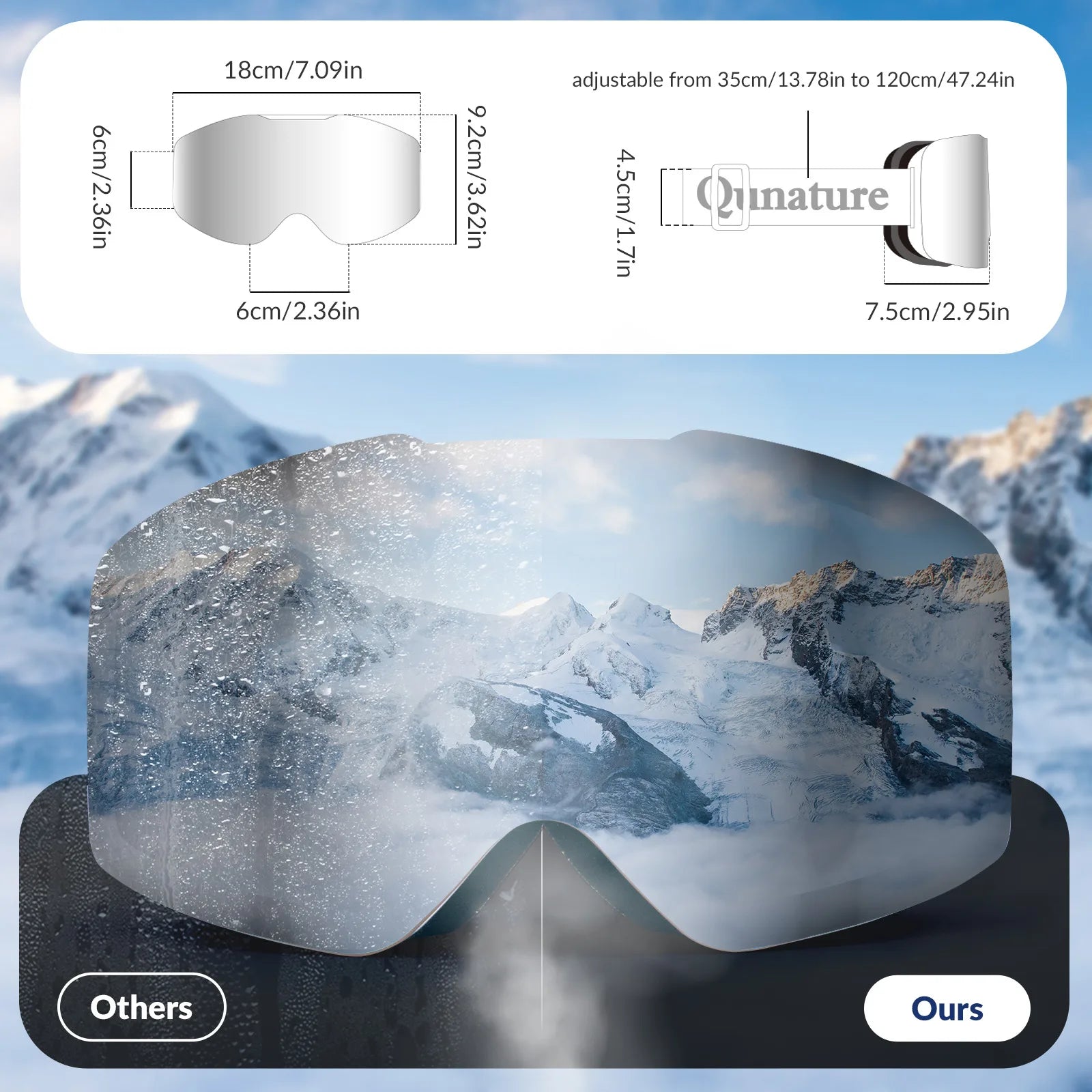 Qunature Global frameless anti-fog ski goggles with UV400 protection, clear lens and snug fit for winter sports.