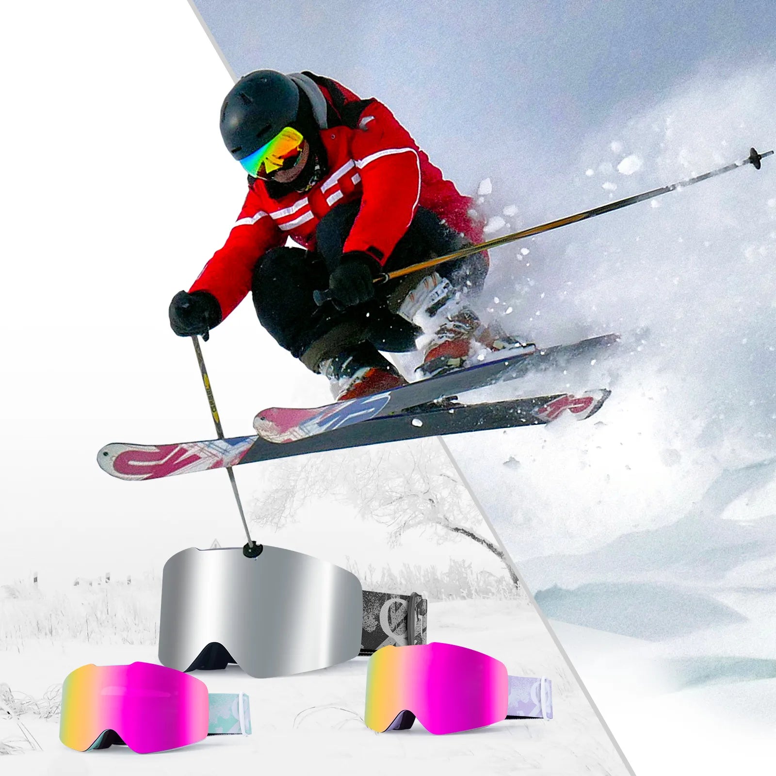 Qunature Global frameless anti-fog ski goggles with UV400 protection, clear view and secure fit for winter sports.