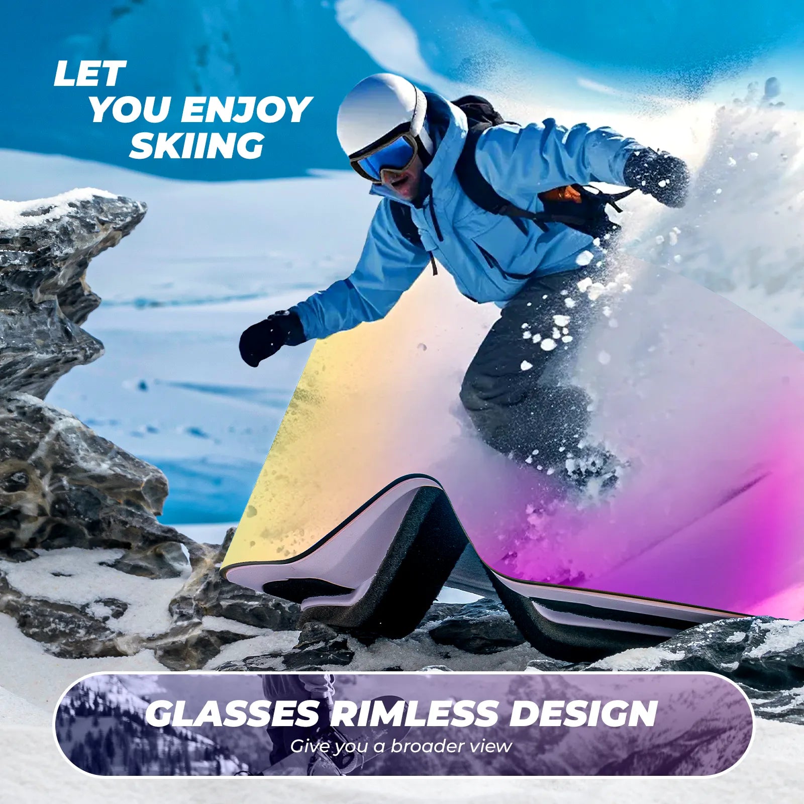 Qunature Global frameless ski goggles with anti-fog lens and UV400 protection for winter sports.