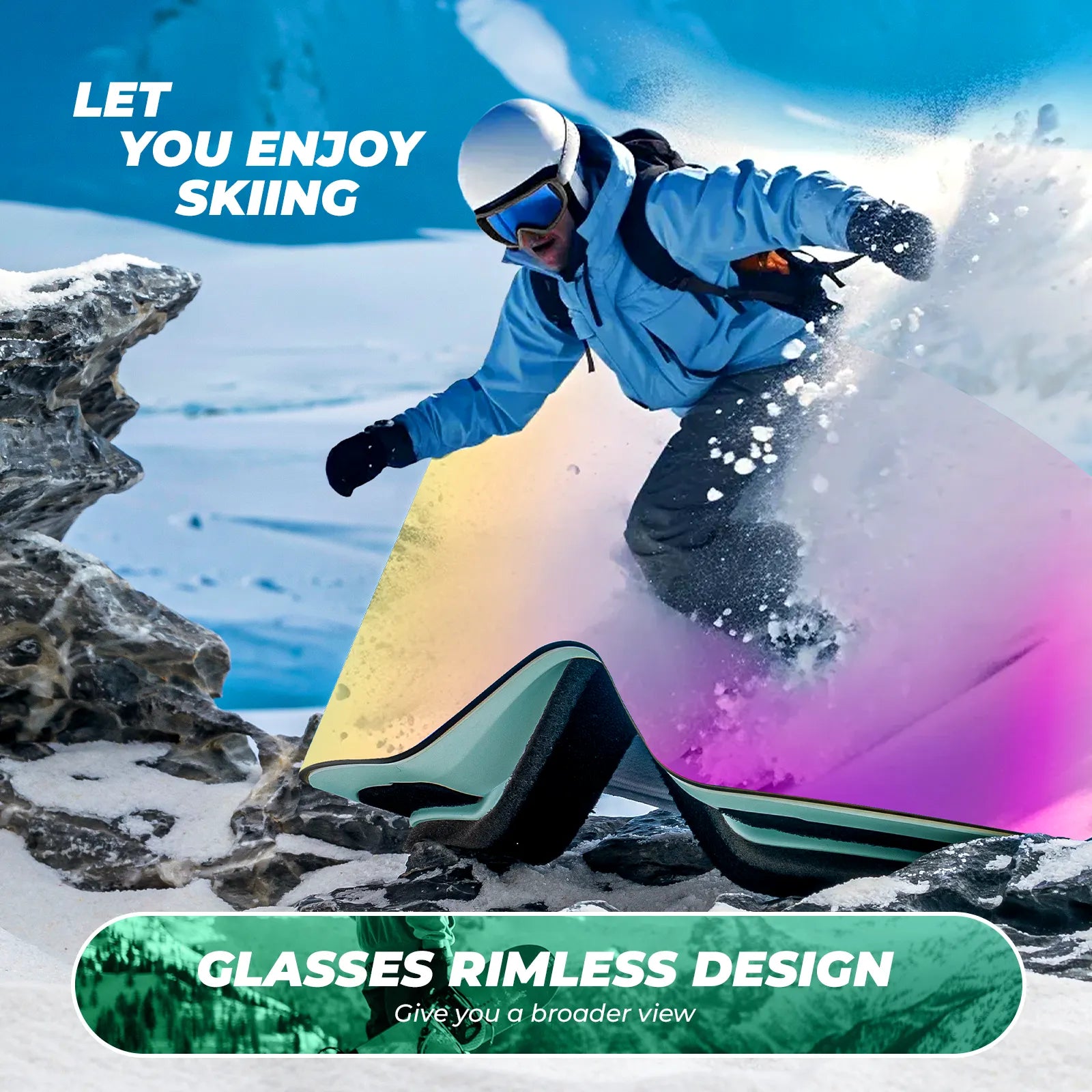 Qunature Global frameless ski goggles with anti-fog lens and UV400 protection, designed for winter sports and clear vision.