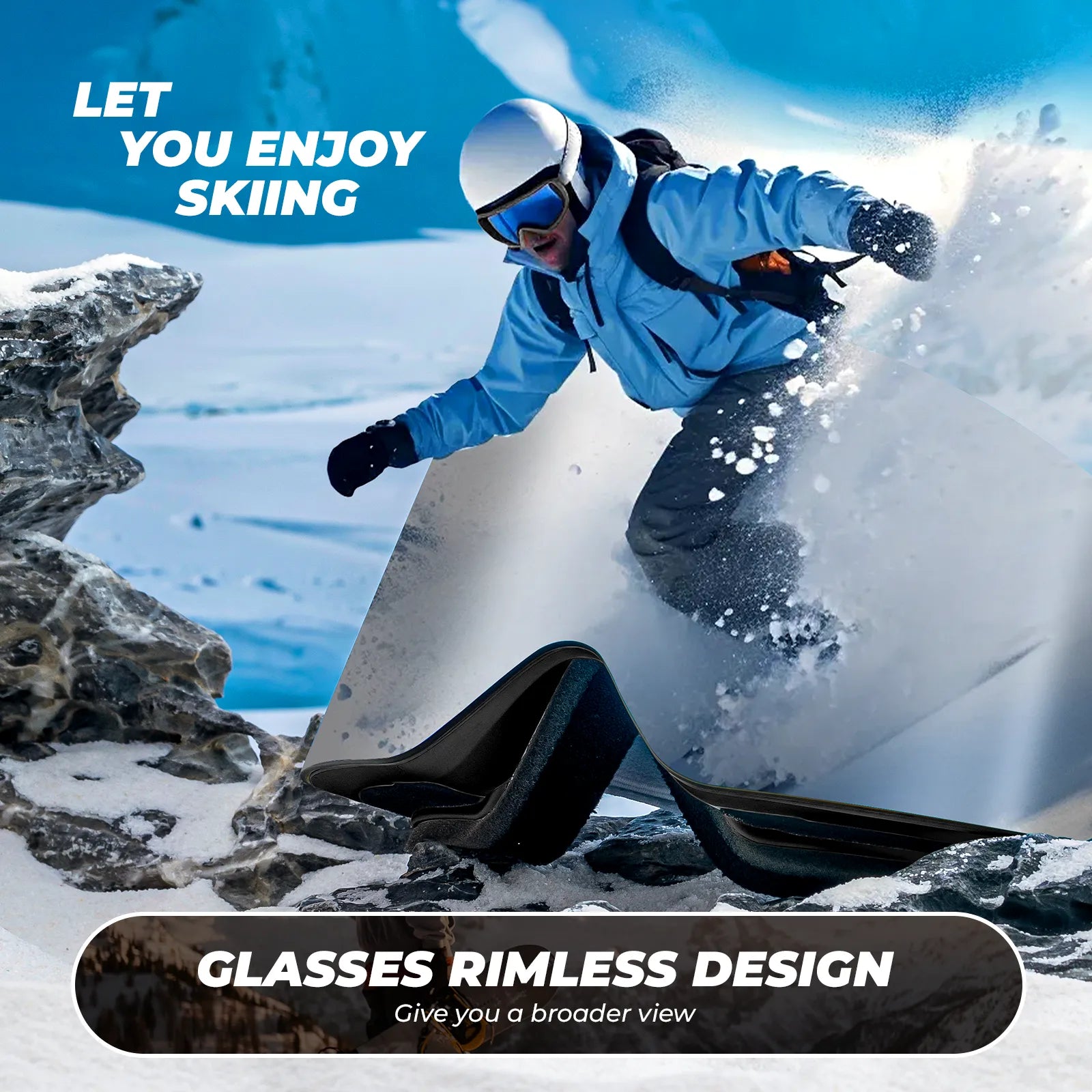 Qunature Global frameless ski goggles with anti-fog lens and UV400 protection for clear winter skiing visibility.