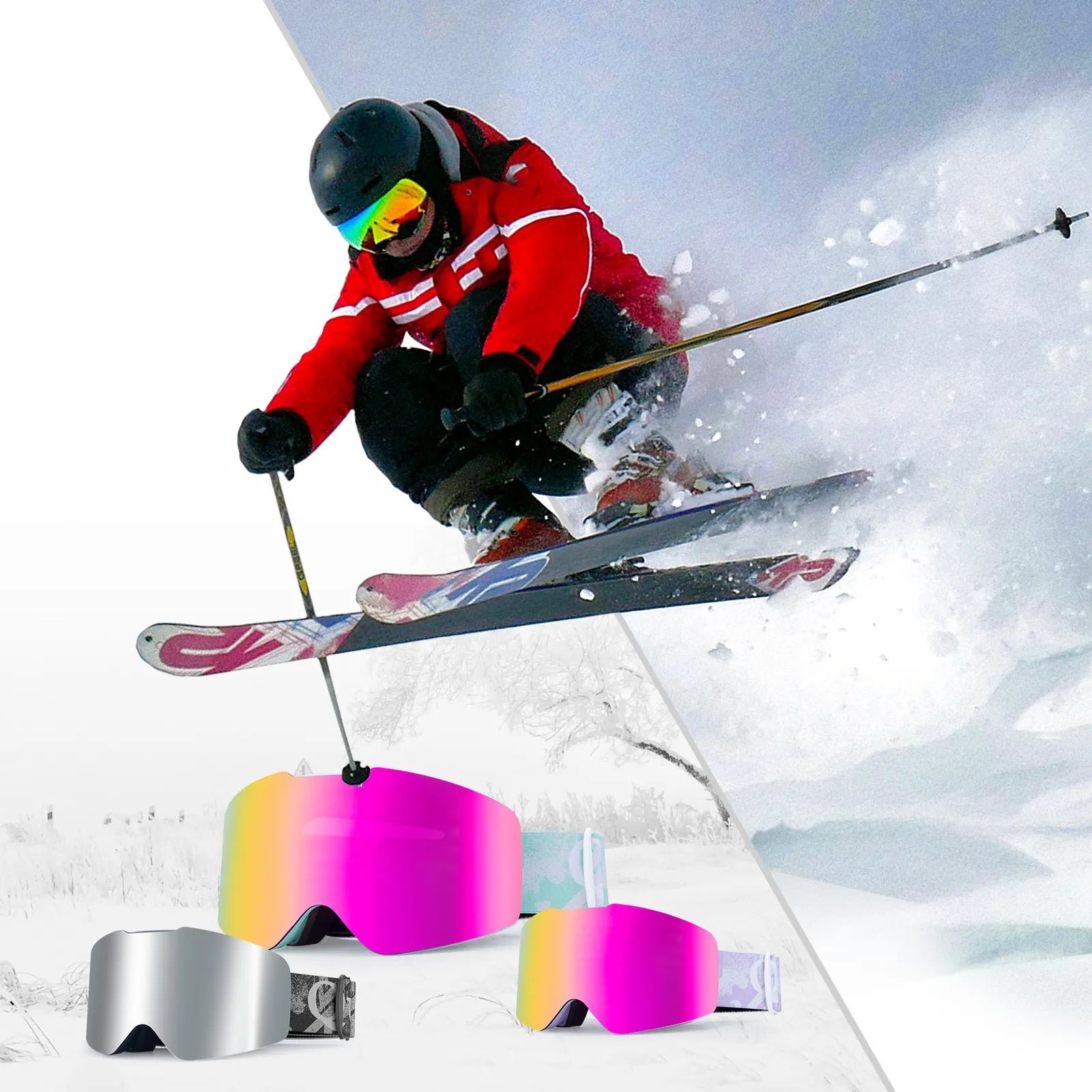 Qunature Global frameless ski goggles with anti-fog lens and UV400 protection for clear vision during winter sports.