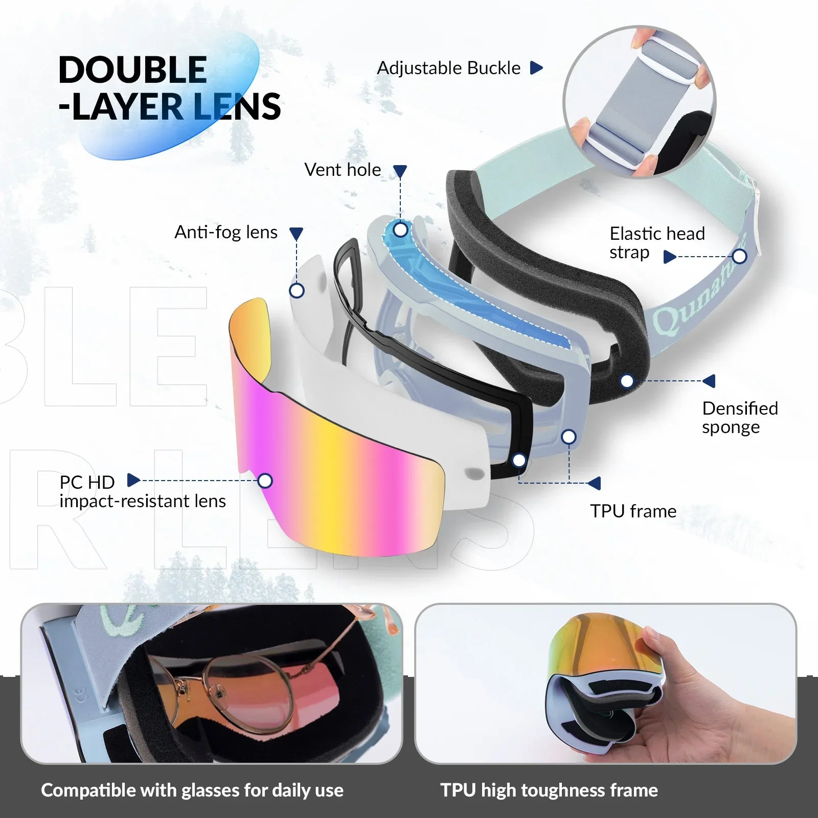 Qunature Global frameless anti-fog ski goggles with UV400 protection, designed for men and women, showing clear, wide-lens view.
