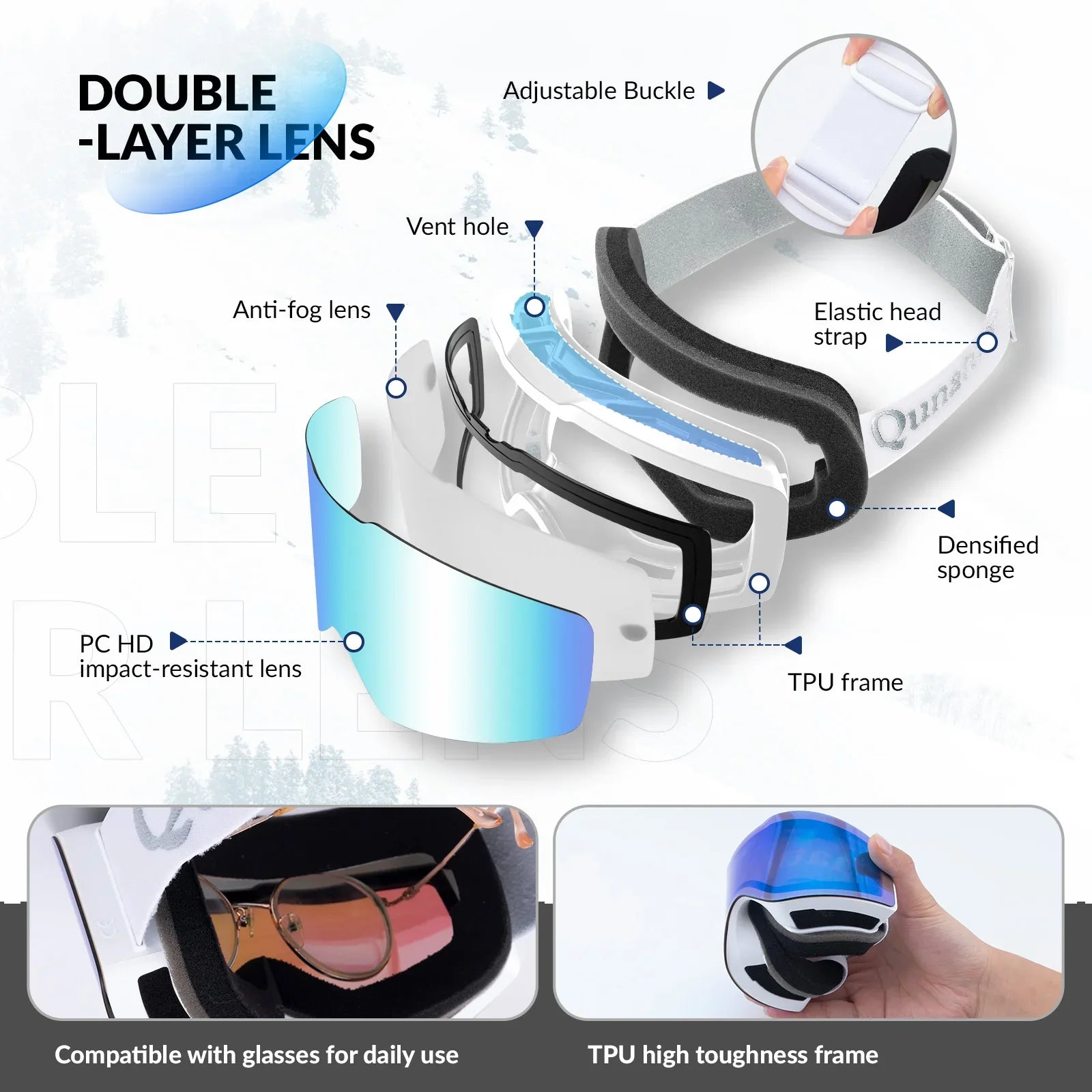 Qunature Global frameless ski goggles with anti-fog lens and UV400 protection, suitable for men and women during winter sports.