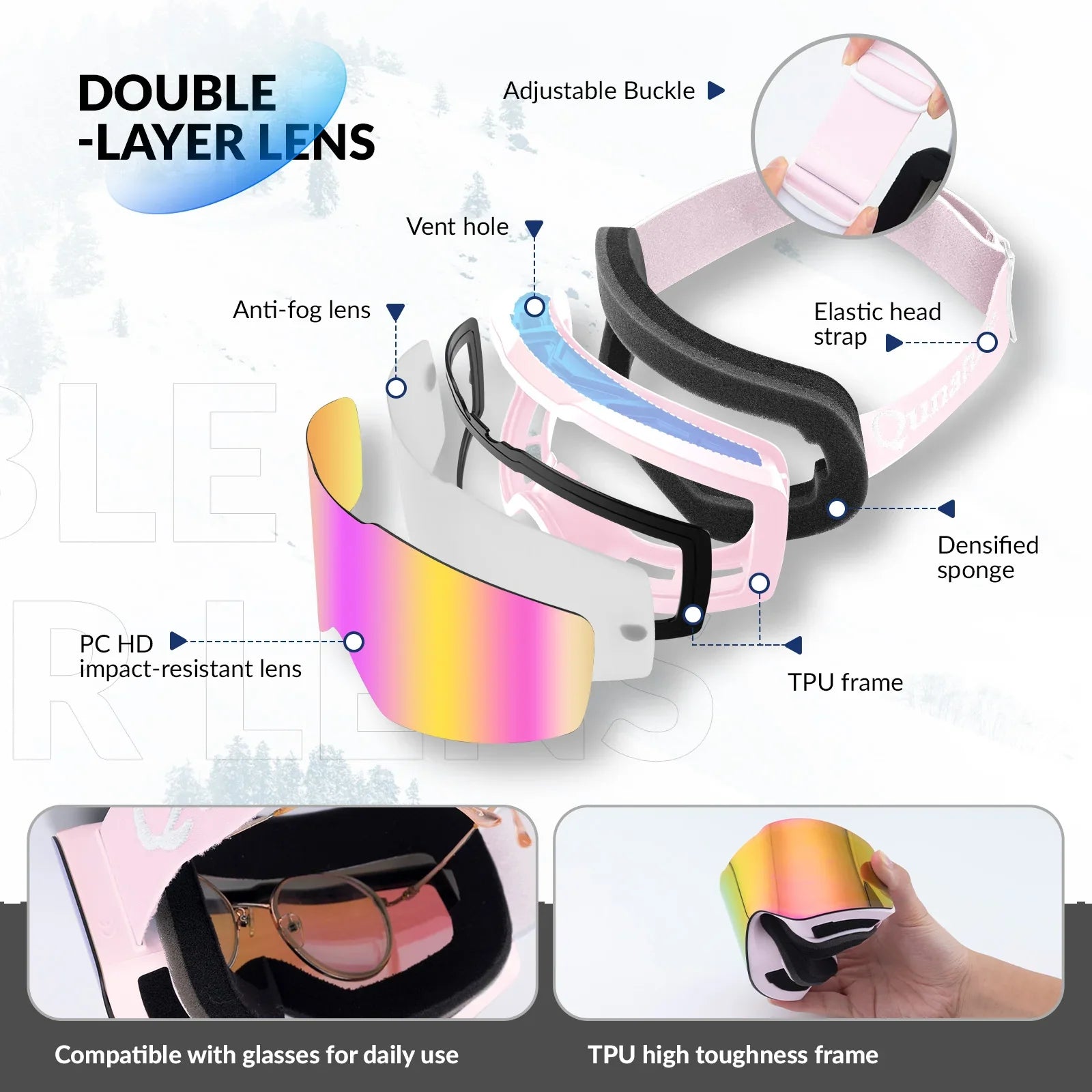 Qunature Global frameless ski goggles with anti-fog lens and UV400 protection, suitable for men and women during winter sports.