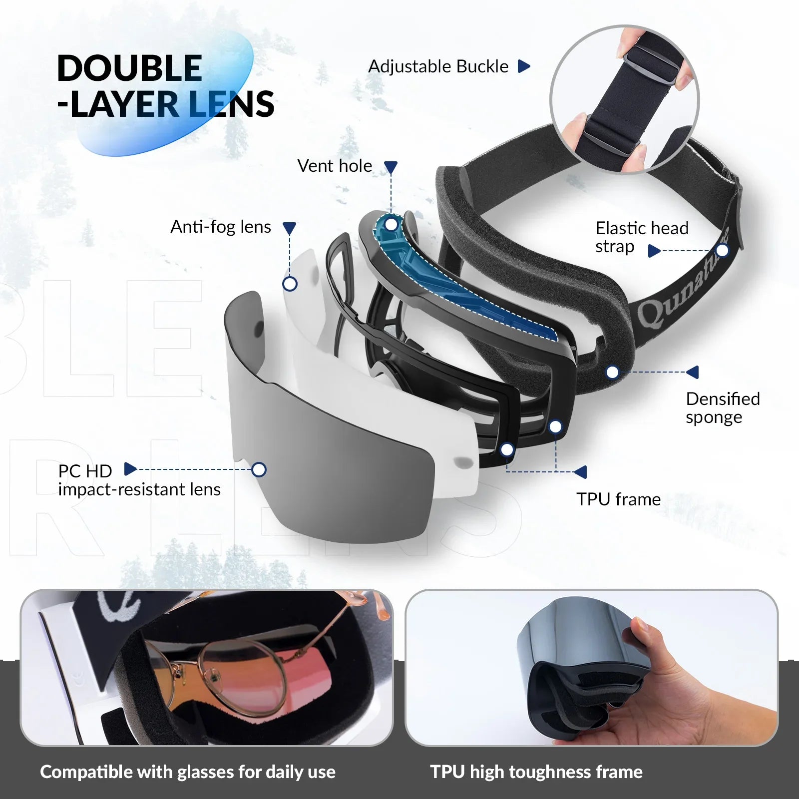 Qunature Global frameless anti-fog ski goggles with UV400 protection, designed for men and women, suitable for winter sports.