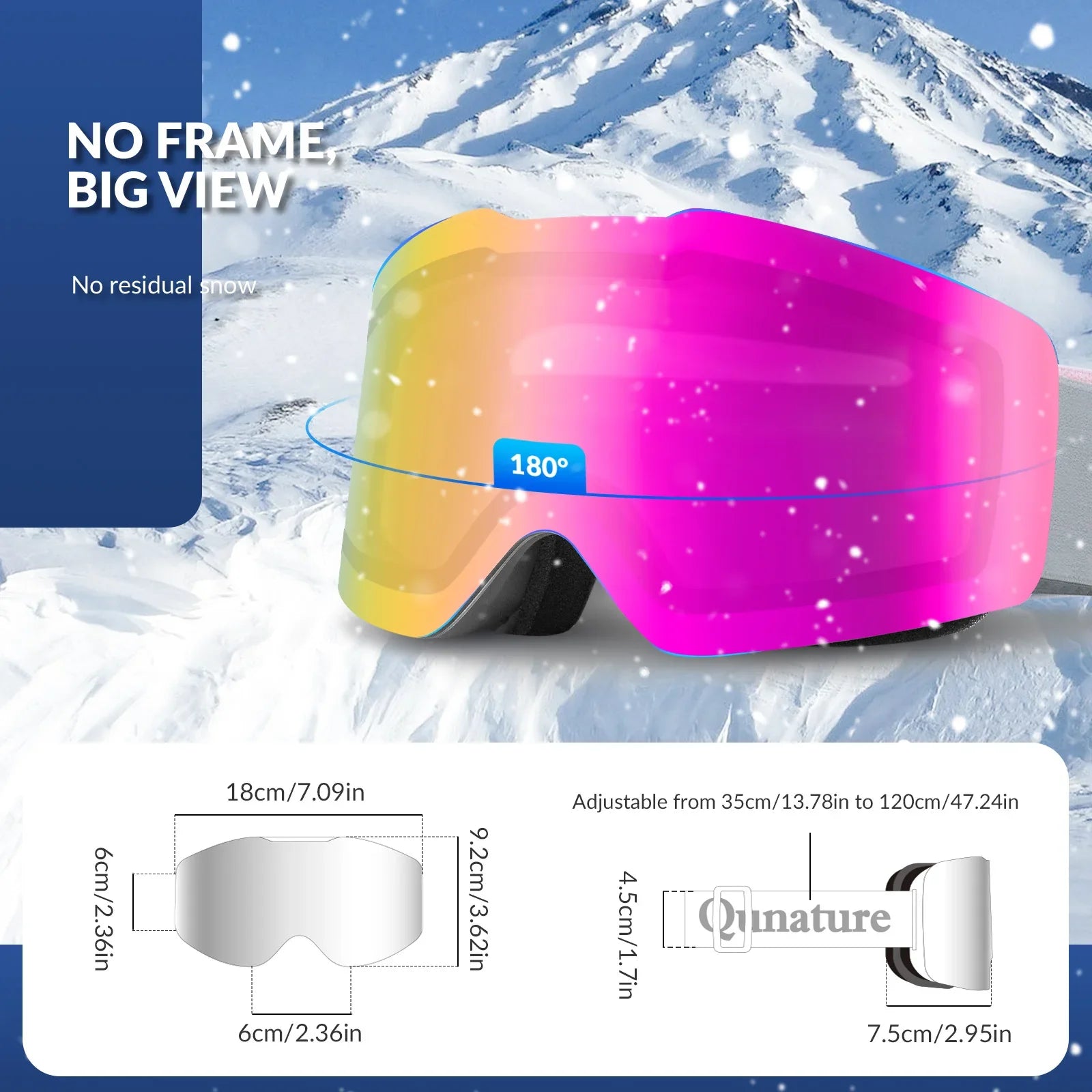 Qunature Global frameless anti-fog ski goggles with UV400 protection, suitable for men and women, designed for winter sports.