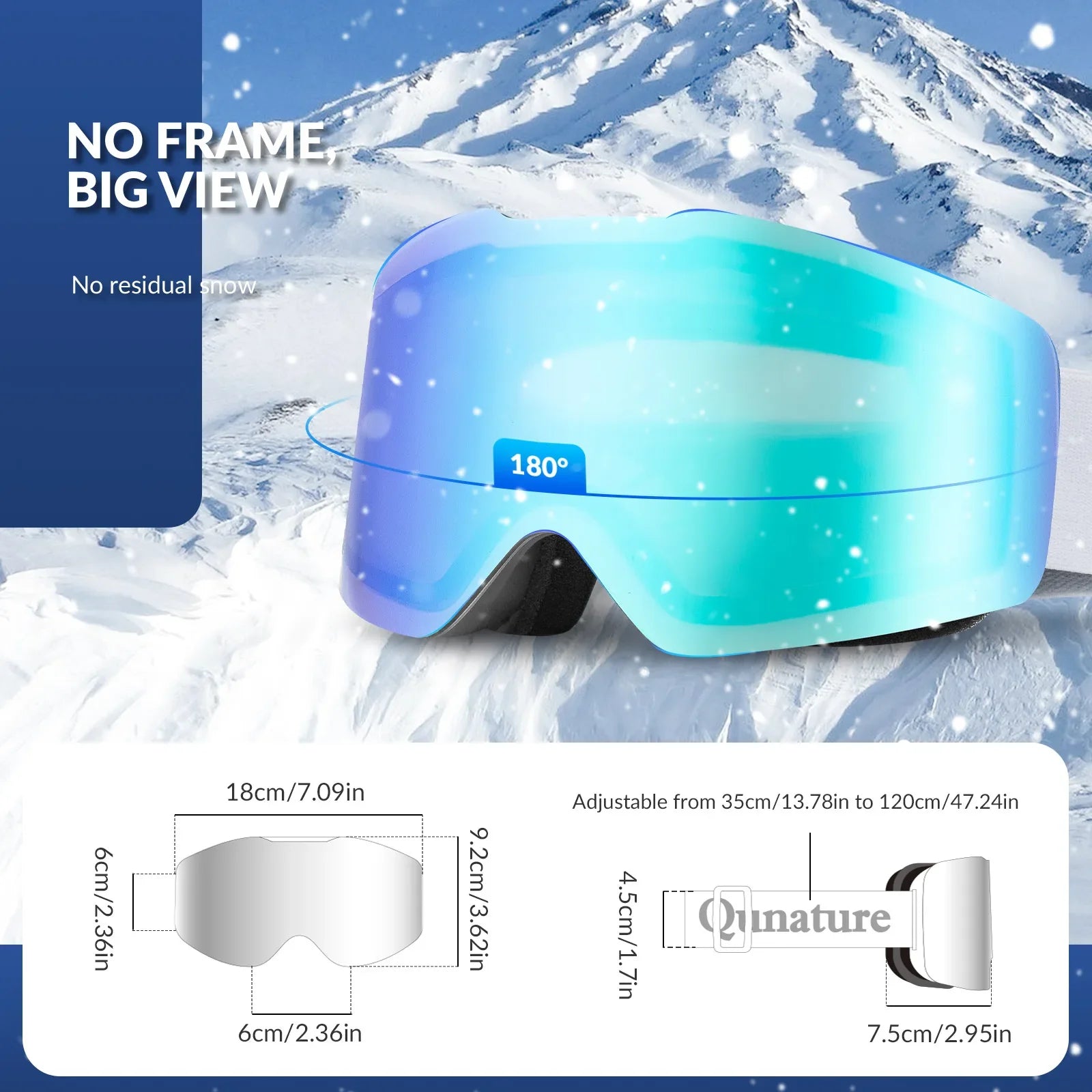 Qunature Global frameless anti-fog ski goggles with UV400 protection, clear lens, designed for men and women winter sports.