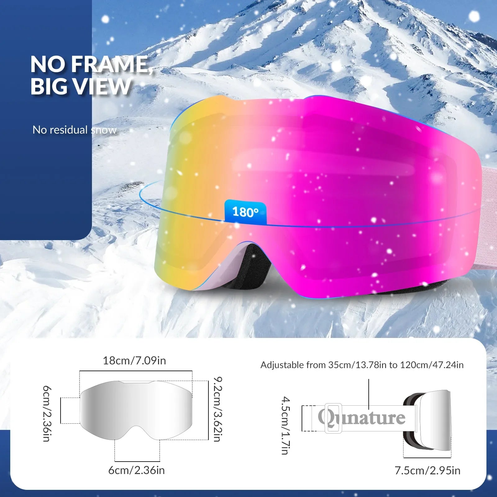 Qunature Global frameless anti-fog ski goggles with UV400 protection, suitable for men and women, designed for winter sports.