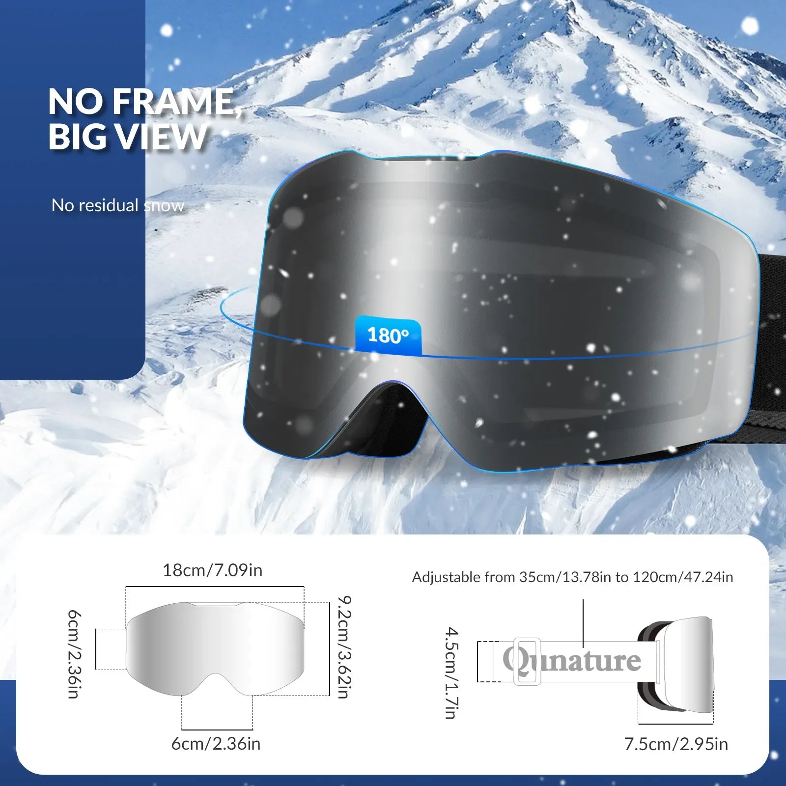 Qunature Global frameless ski goggles with anti-fog lens and UV400 protection, designed for men and women during winter sports.