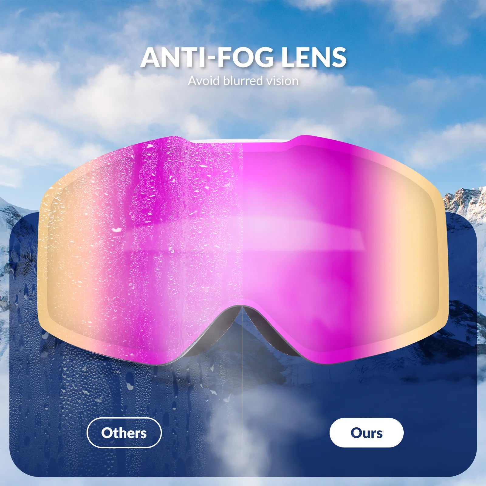 Qunature Global frameless anti-fog ski goggles with UV400 protection, designed for men and women, showing clear lens and adjustable straps.