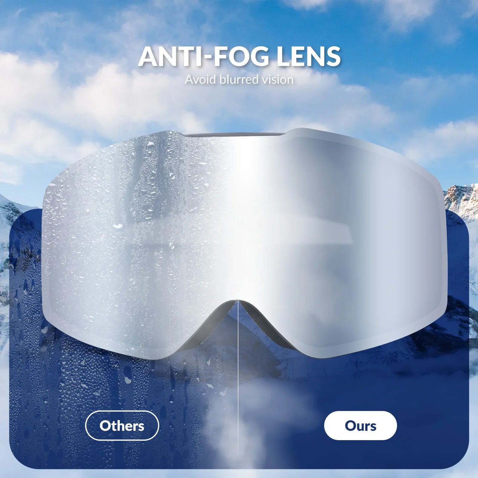 Qunature Global frameless anti-fog ski goggles with UV400 protection, suitable for men and women, designed for winter sports.
