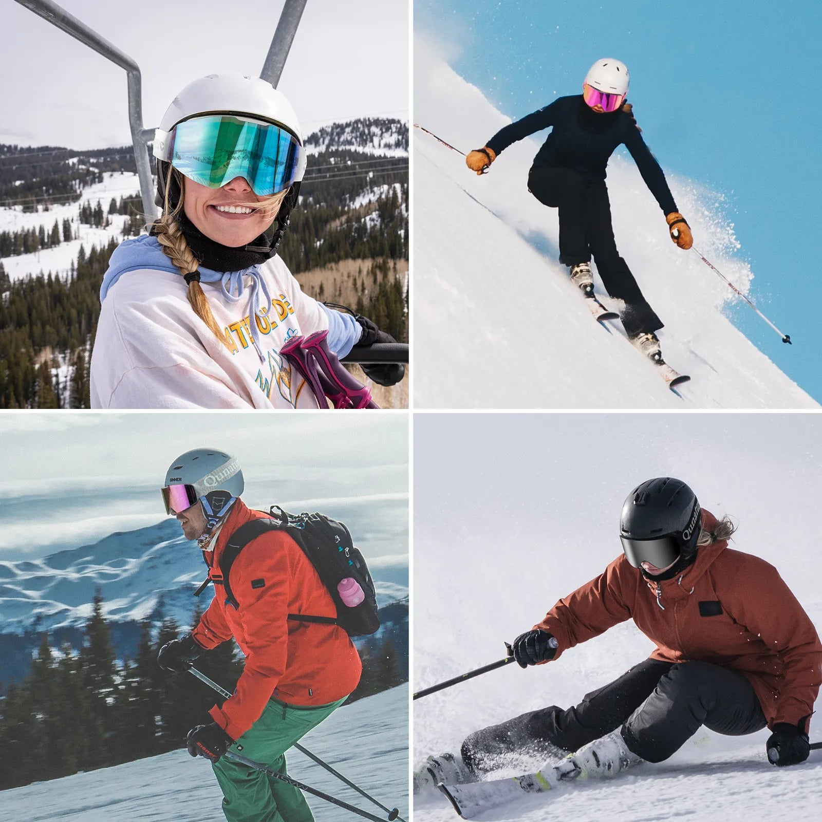 Qunature Global frameless anti-fog ski goggles with UV400 protection, designed for men and women, suitable for winter sports.