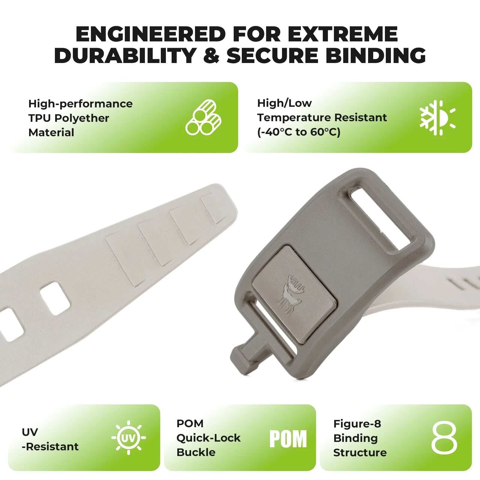 Qunature Global heavy-duty gear straps with TPU polyether for bikepacking, shown securing gear to a bike rack.