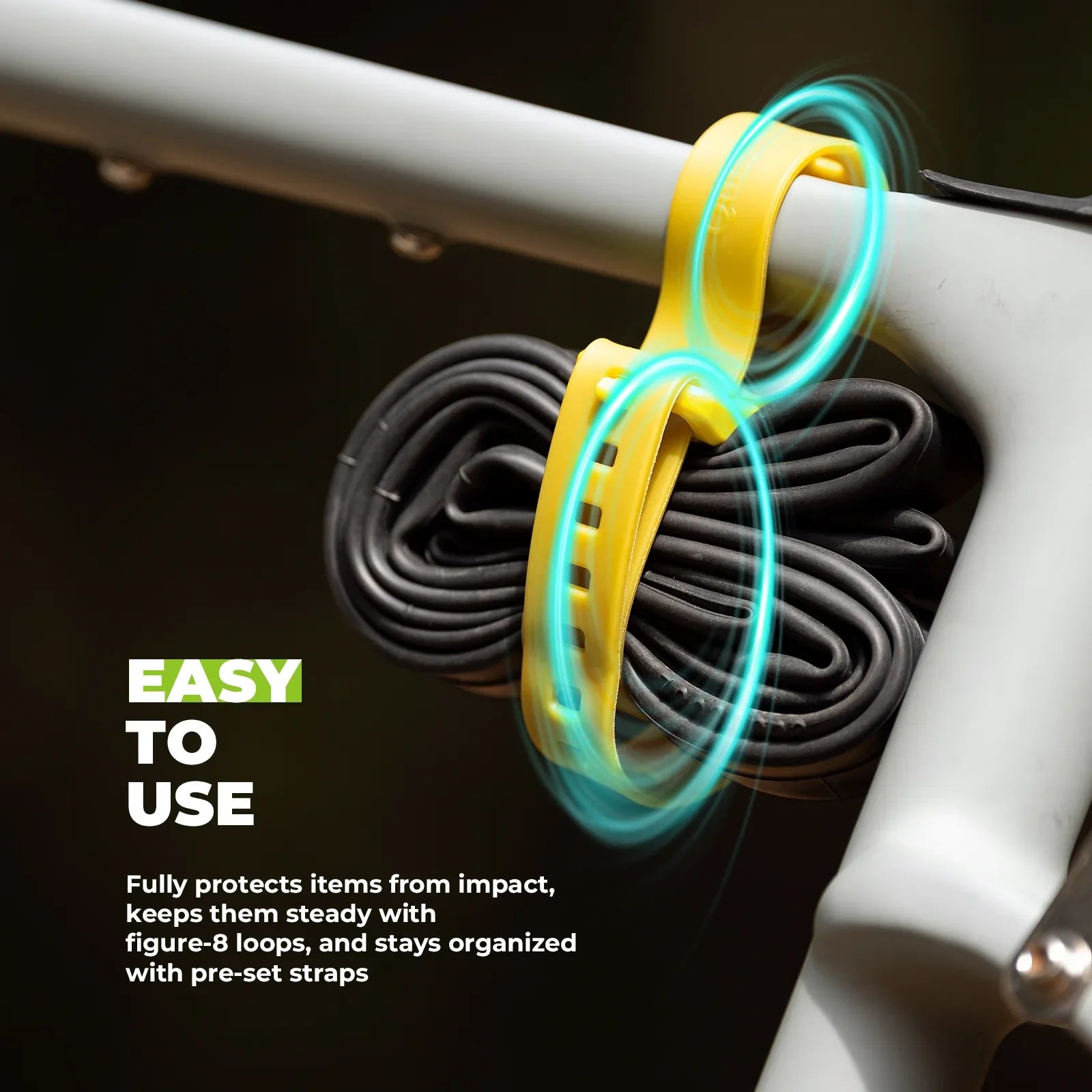 Two heavy-duty bikepacking gear straps with TPU polyether from Qunature Global, shown securing equipment on a bicycle.