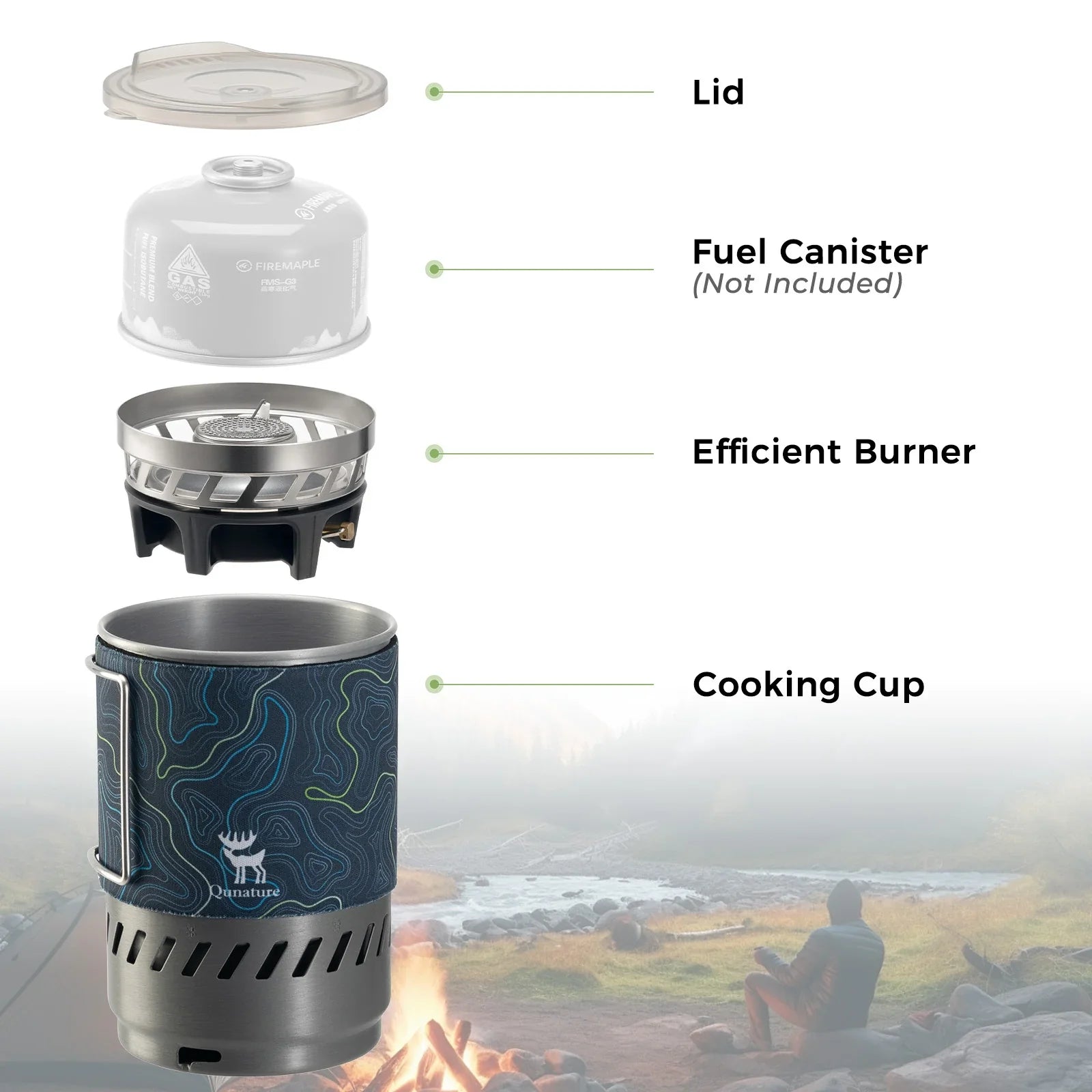 Integrated Qunature Global heat collection stove system set up outdoors, ideal for camping and hiking adventures.