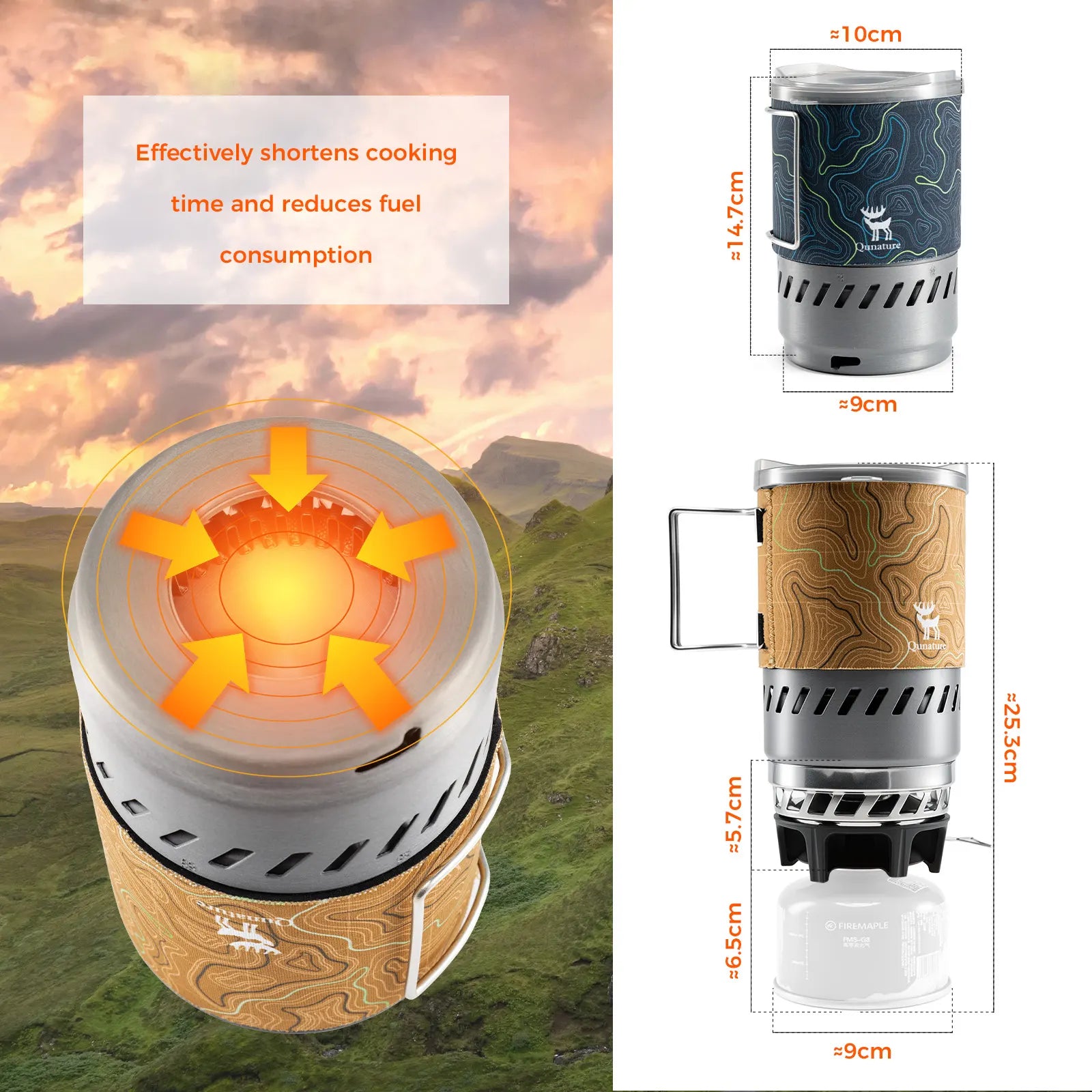 Qunature Global integrated heat collection stove system for camping and hiking, showcasing compact design and outdoor functionality.