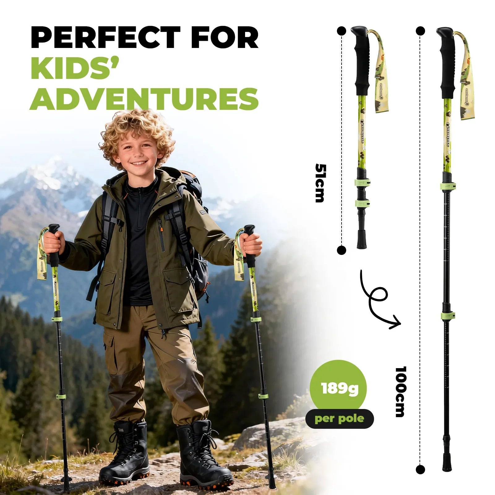 Kids aluminum trekking pole with adjustable height from Qunature Global, featuring a lightweight design and ergonomic grip for outdoor hikes.