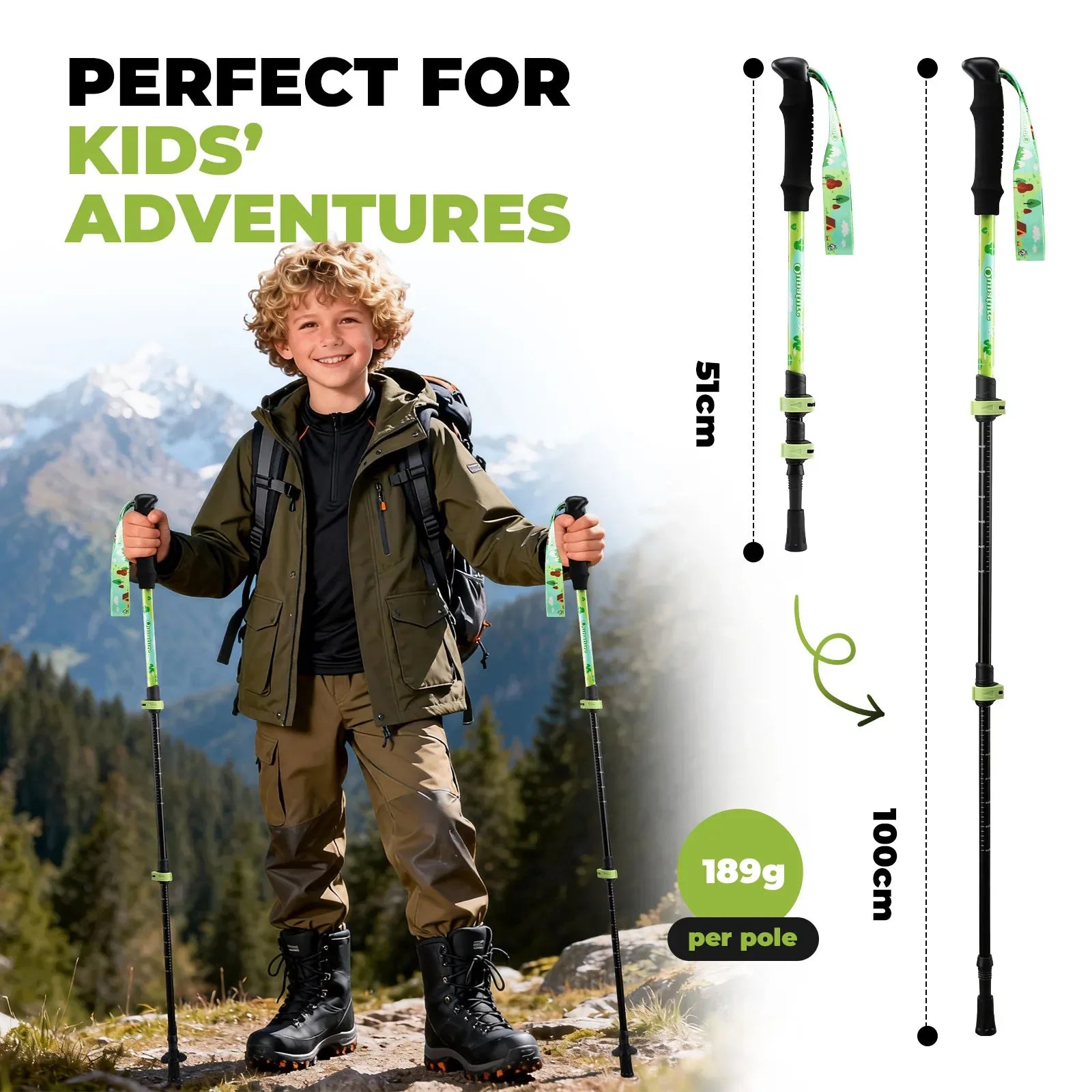 Kids aluminum trekking pole by Qunature Global with adjustable height, featuring lightweight design and ergonomic grip.