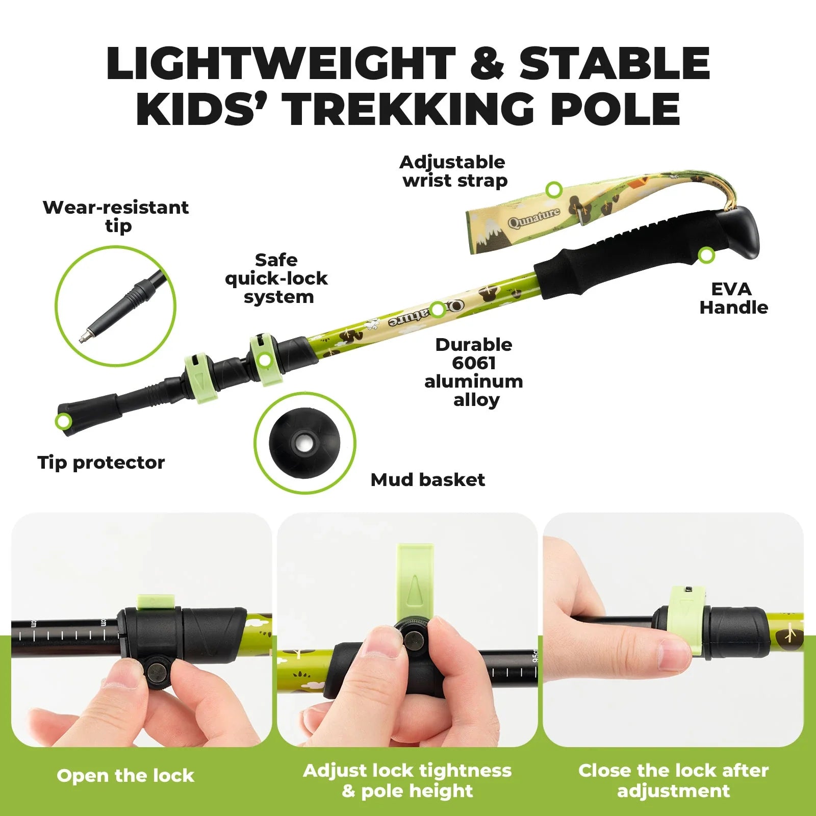 Kids aluminum trekking pole from Qunature Global with adjustable height, featuring a lightweight design and ergonomic grip.