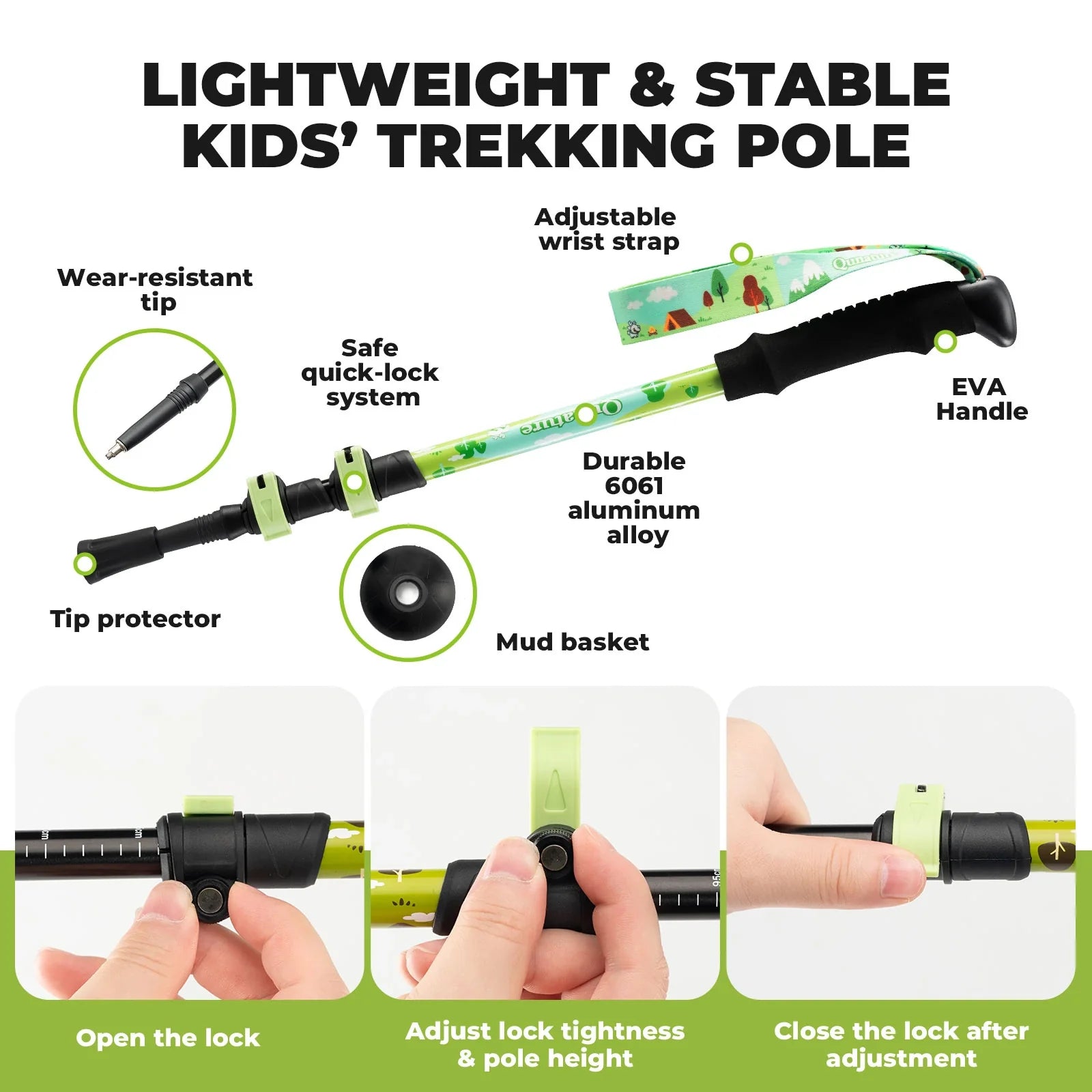 Kids aluminum trekking pole from Qunature Global with adjustable height, featuring lightweight design and ergonomic grip.
