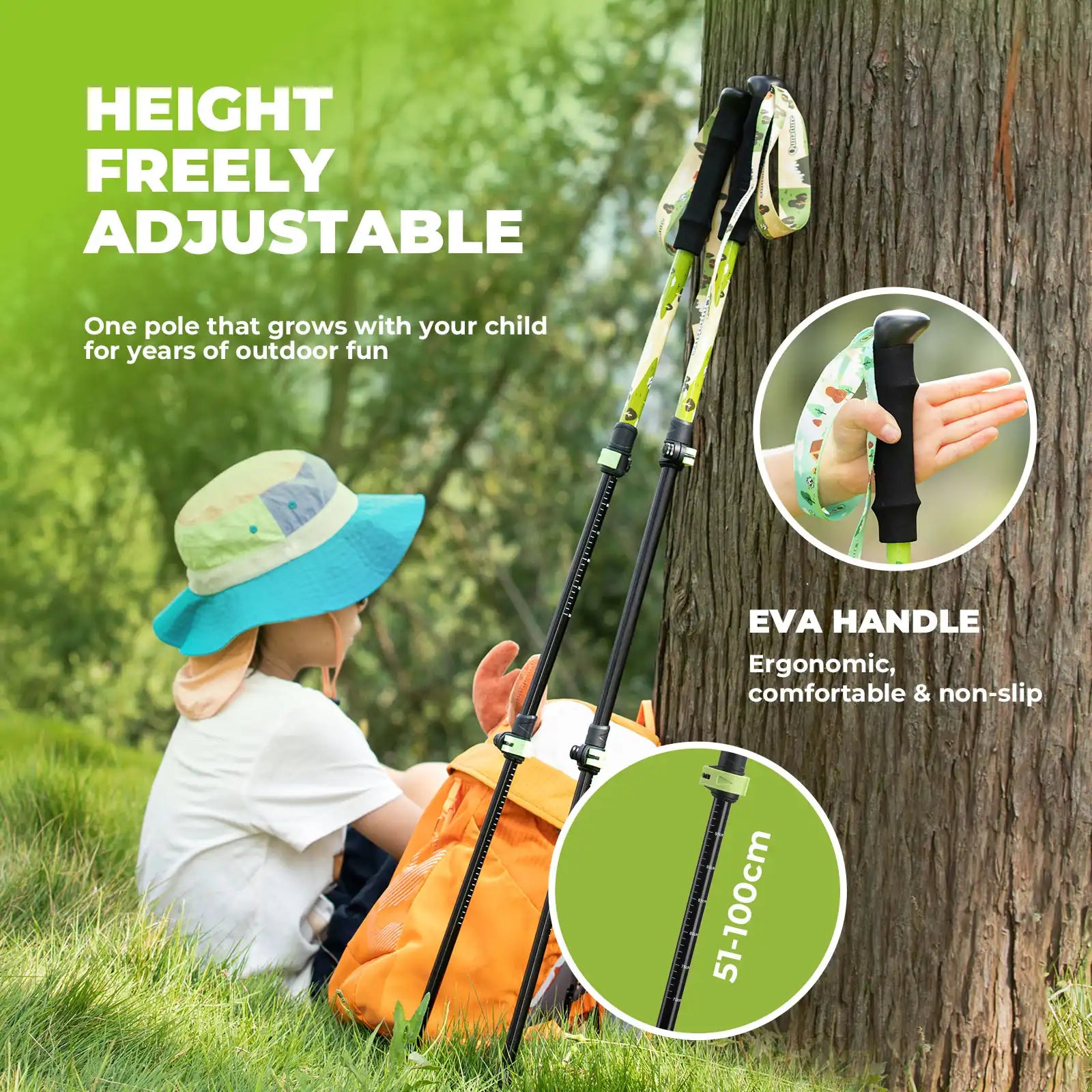 Kids aluminum trekking pole from Qunature Global with adjustable height, designed for young hikers and outdoor adventures.
