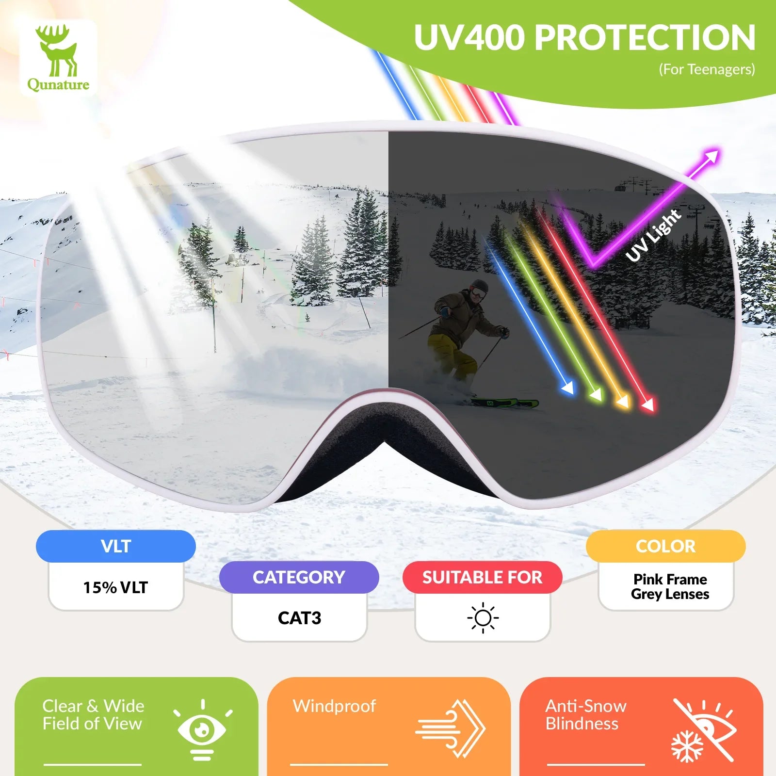 Qunature Global kids anti-fog ski goggles with UV400 protection for pre-teens and teenagers, featuring a sleek design.