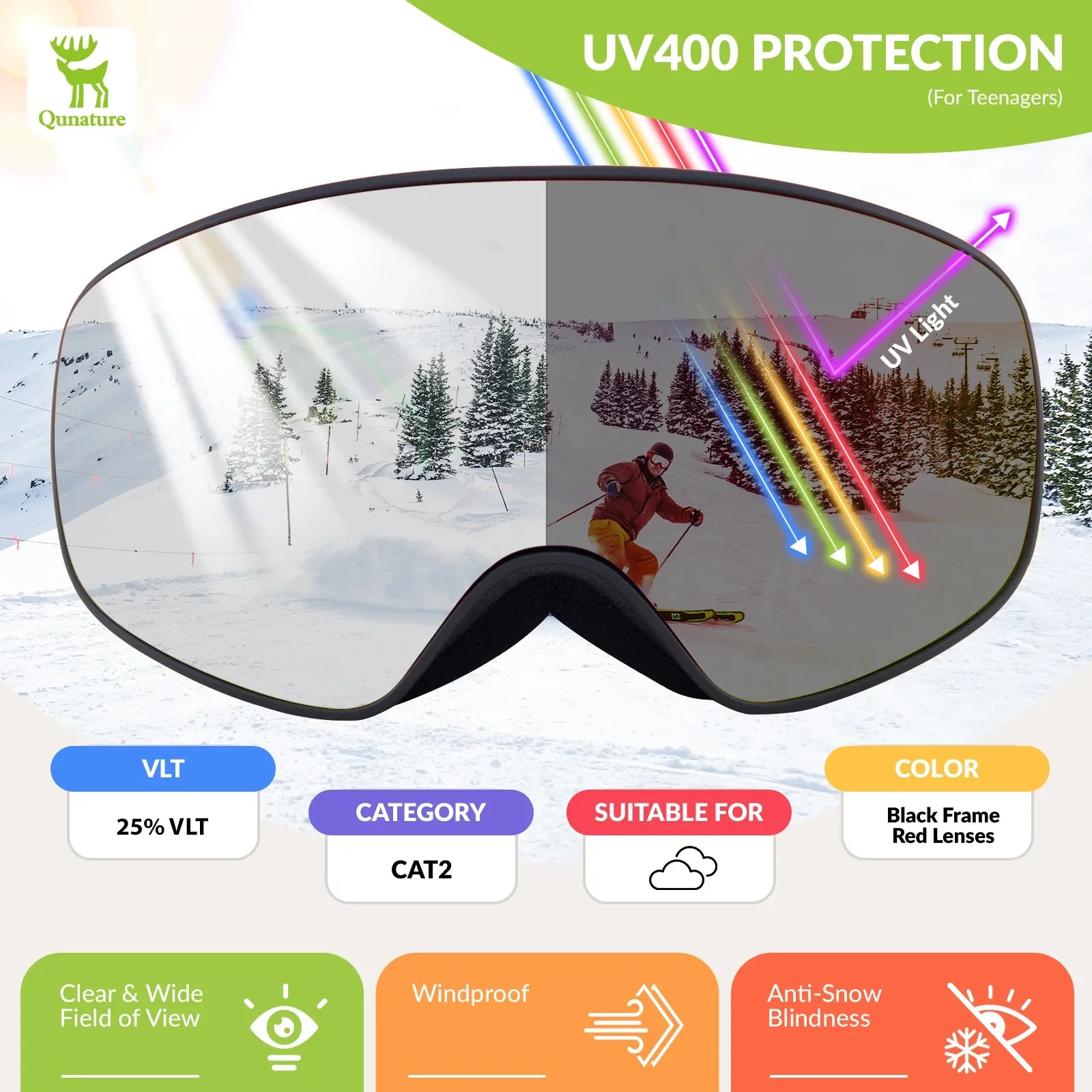 Kids anti-fog ski goggles by Qunature Global with UV400 protection, designed for pre-teens and teenagers on the slopes.