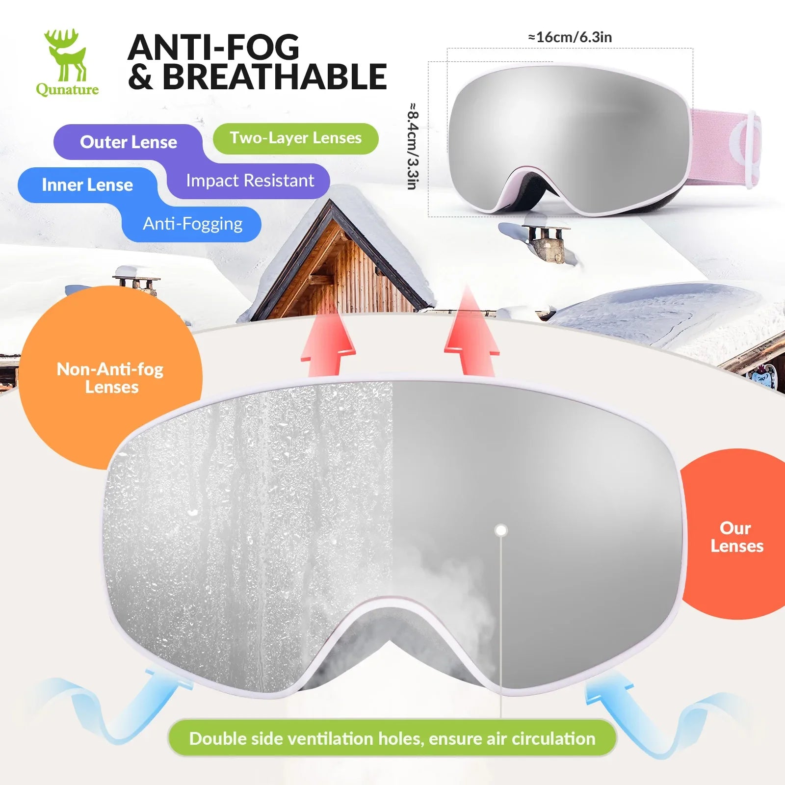 Qunature Global kids anti-fog ski goggles with UV400 protection, designed for pre-teens and teenagers, showcasing vibrant colors.