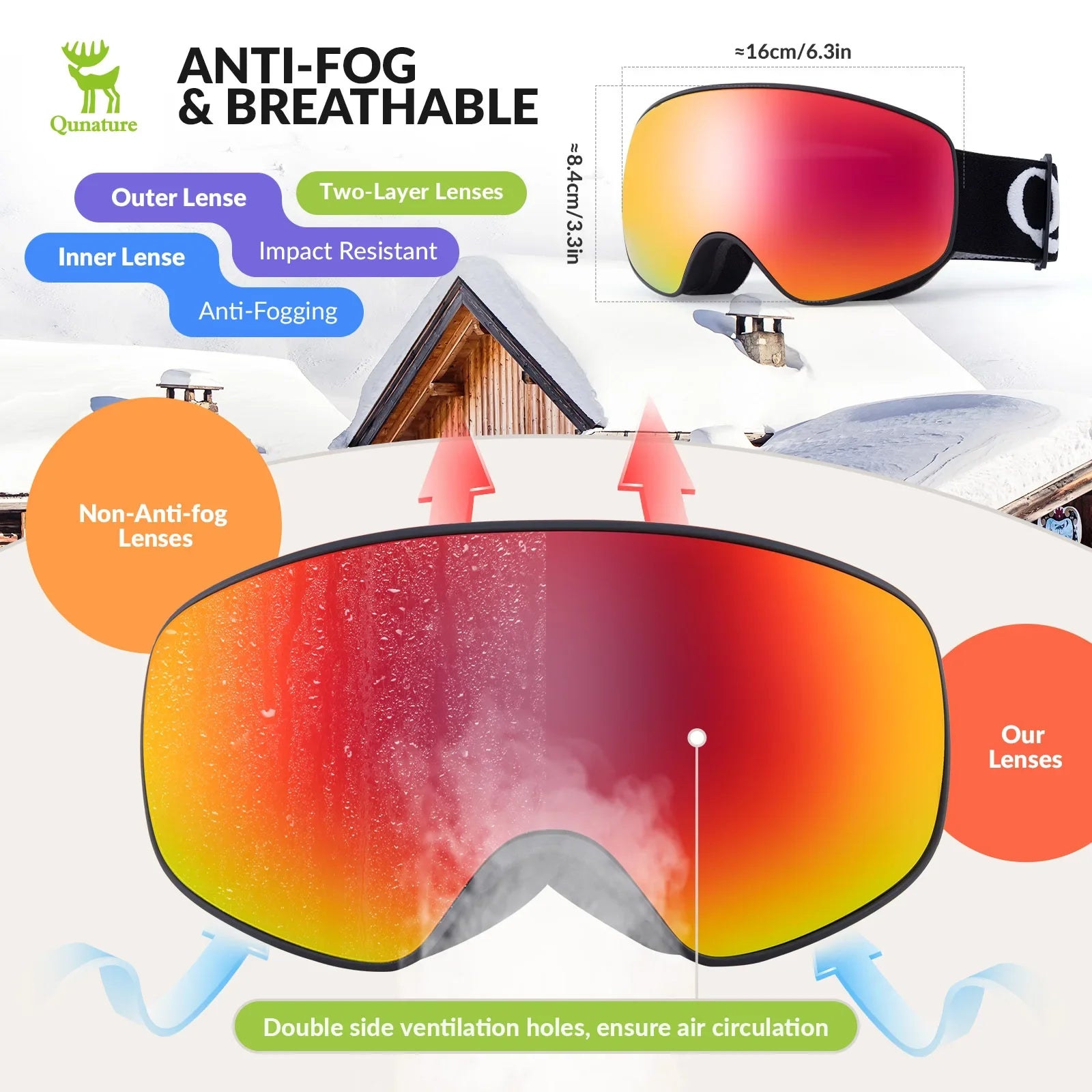 Kids anti-fog ski goggles by Qunature Global with UV400 protection, designed for pre-teens and teenagers on the slopes.