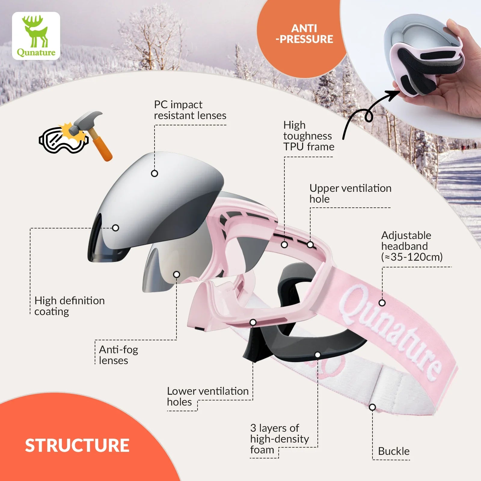 Kids anti-fog ski goggles by Qunature Global with UV400 protection, designed for pre-teens and teenagers.