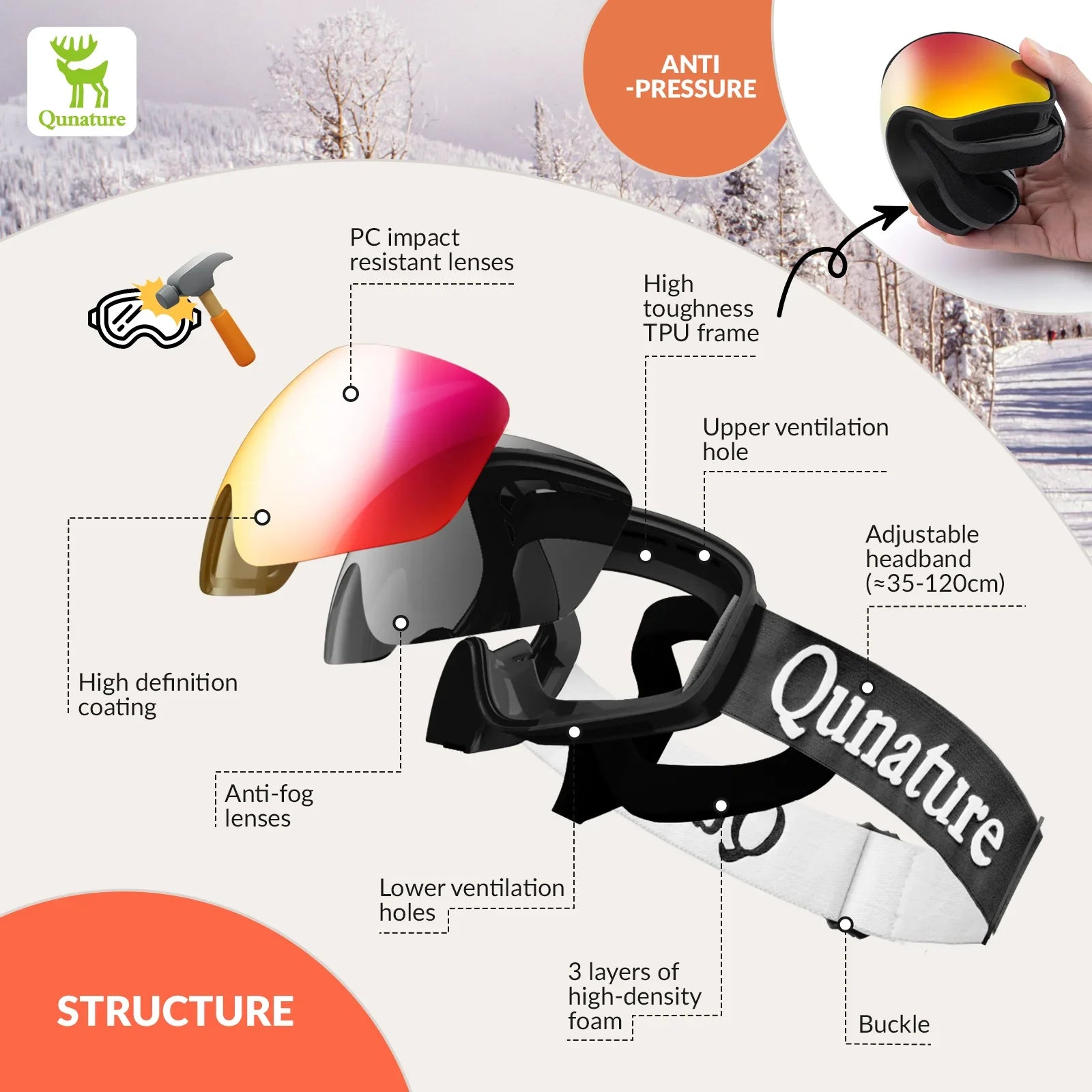 Qunature Global kids anti-fog ski goggles with UV400 protection for pre-teens and teenagers, featuring a colorful design.